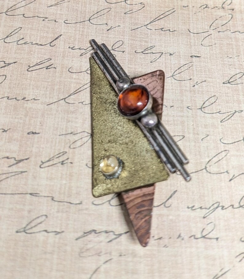 Vintage Modernist Gold Tone Copper Geometric Convertible Brooch Pendant Orange