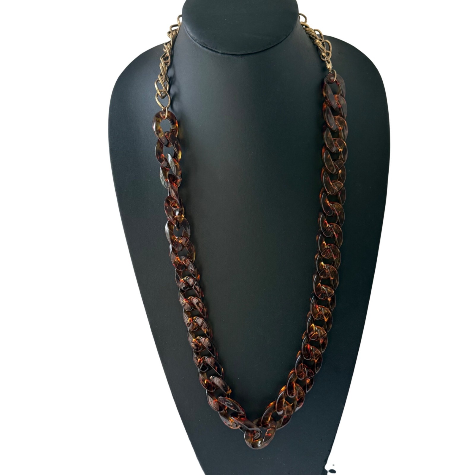 Vintage Gold-Tone Tortoise Shell Patterned Acrylic Links Chain Necklace 30″