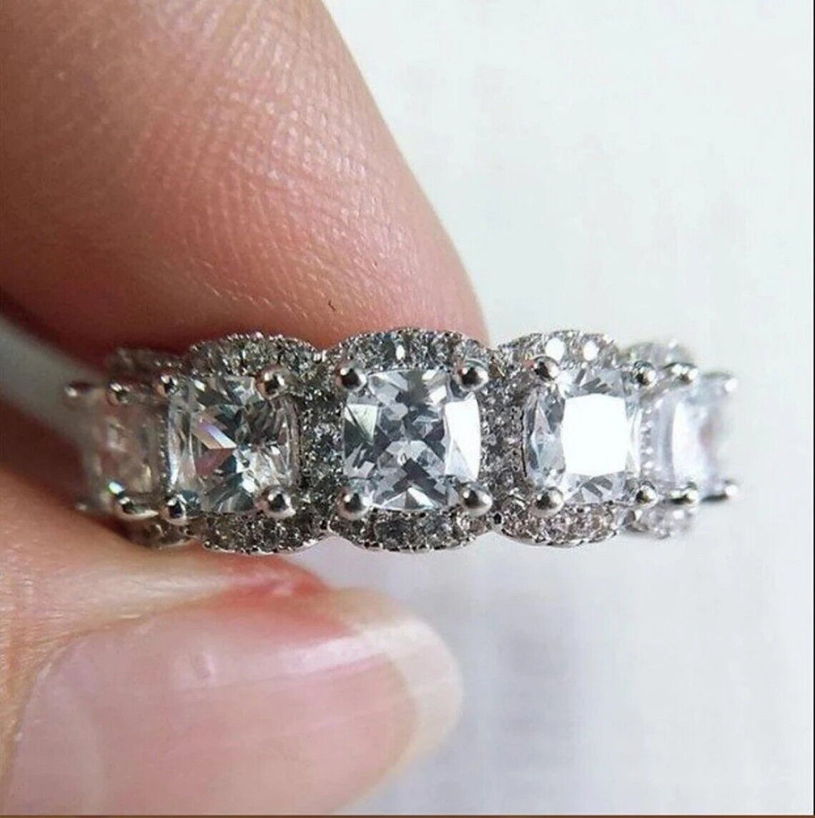 2 CTW White Cushion Cut Simulated Diamond Eternity Halo Wedding 925 Silver Ring