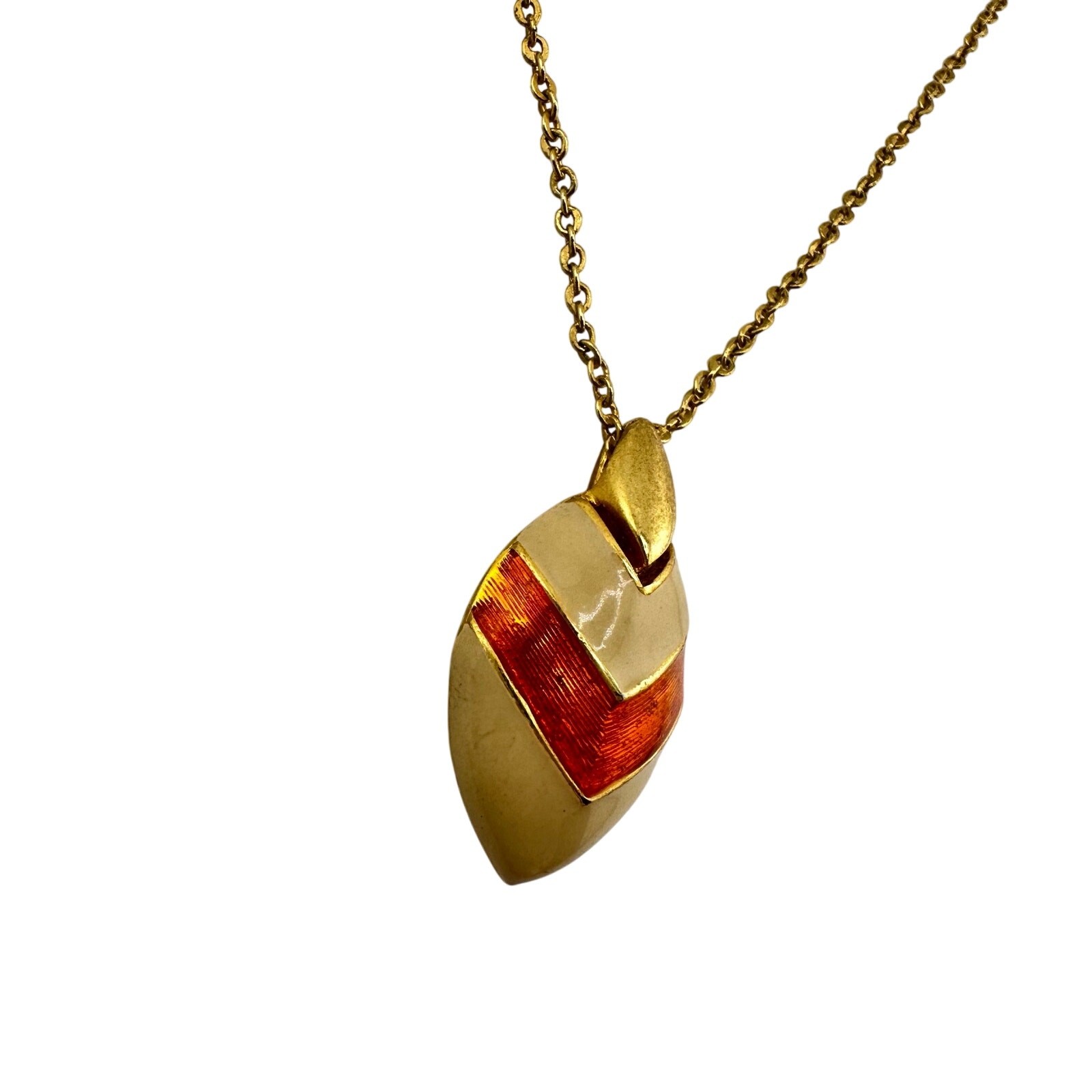 Vintage Art Deco Revival Cream Enamel Orange Resin Gold Tone 15.5” Necklace