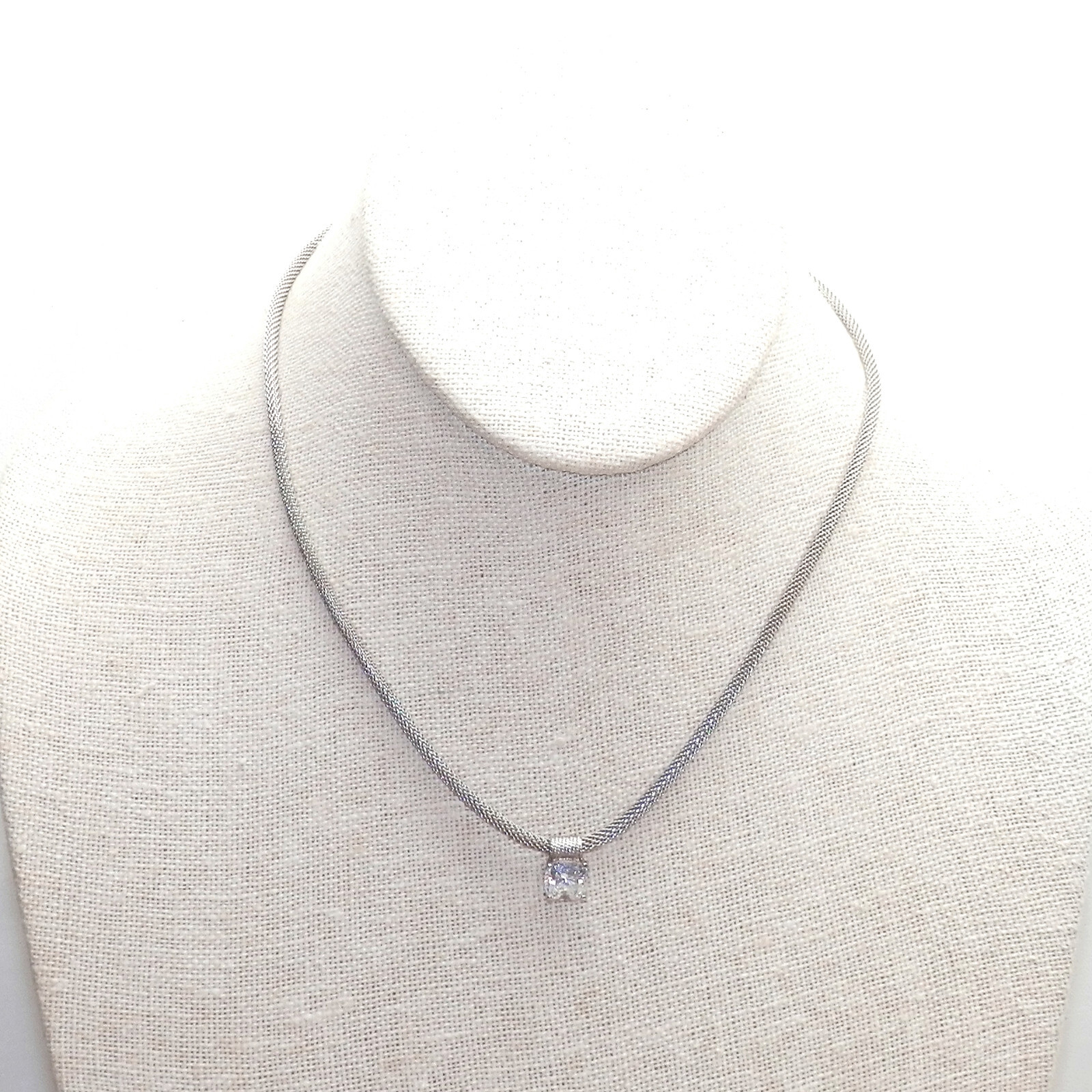 Sterling Silver 925 Mesh Chain White CZ Gem Pendant Necklace 15.5 – 17.5 In Long