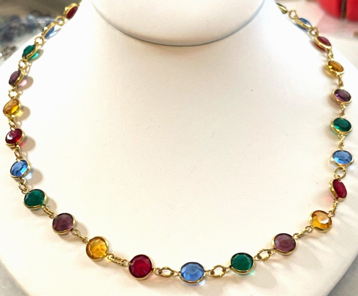 Vintage Austrian Crystal USA Multi-Color Crystal Necklace Bezel Set Jewelry 19″