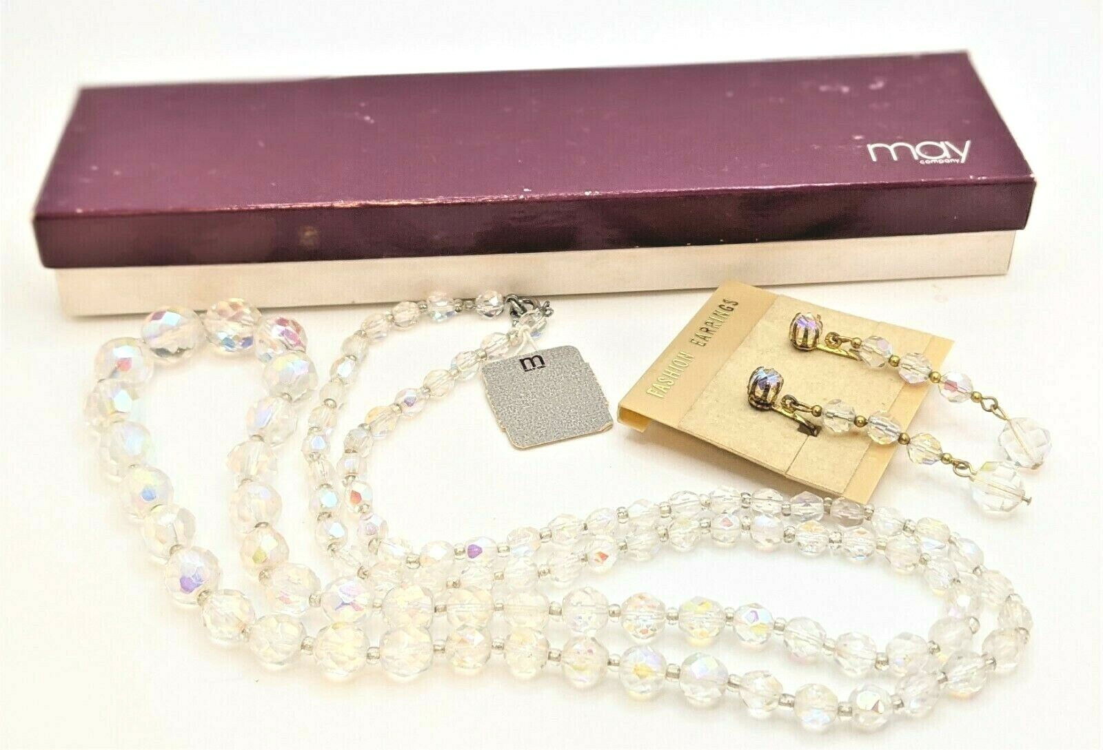 Vintage Necklace & Earrings May Co Original Tags AB Beads Original Box & Tags