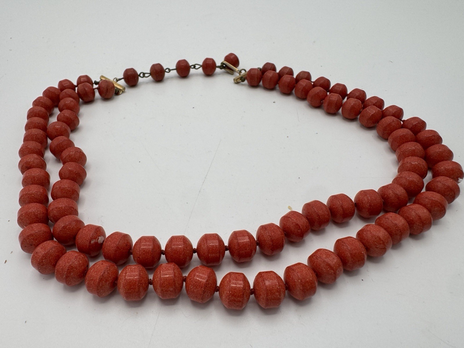 Double Strand Coral Tone Stone Bead Necklace Heavy Unmarked 18”