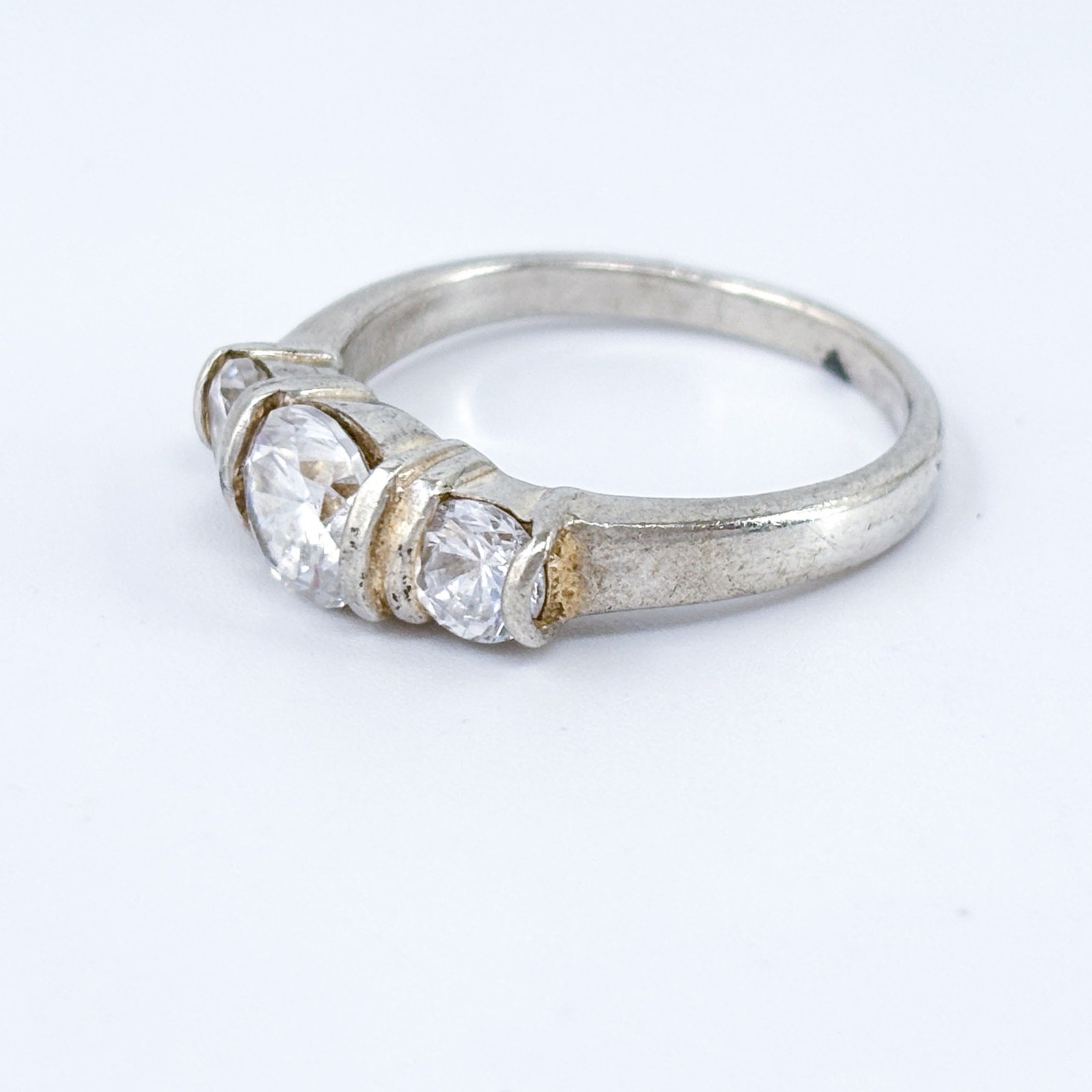 Vintage Sterling Silver 925 White Crystal Three Stone Ring Size 10