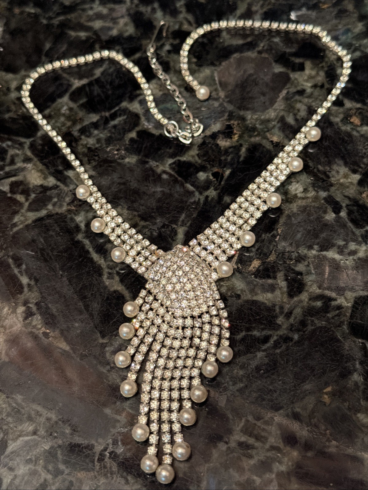 Vintage Rhinestone Swirl Glamour Pearl Dangle Necklace High End Costume Jewelry