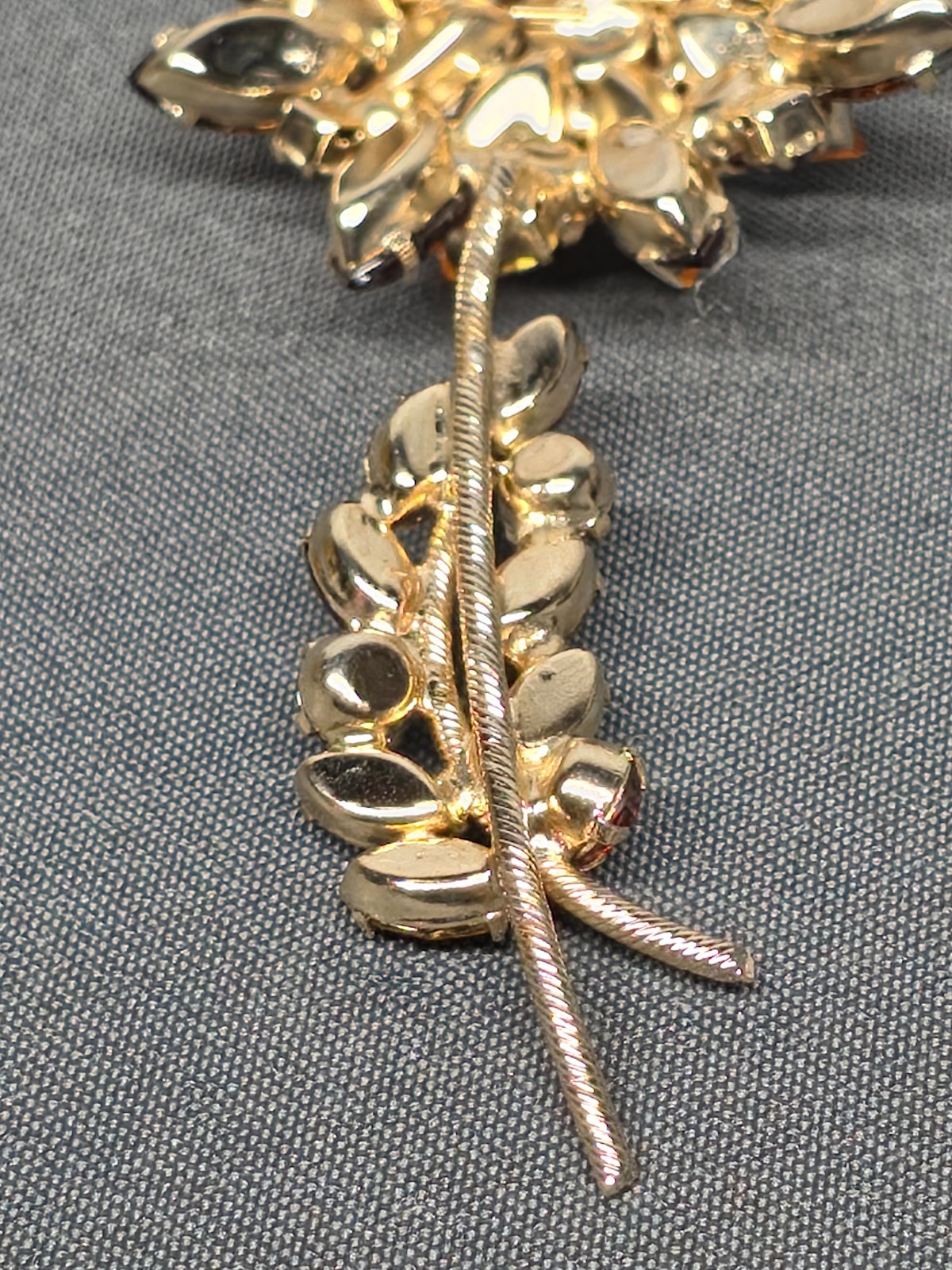Vtg Tiered Amber Topaz Rhinestone Flower Brooch 4.25″ Large Stem Pin Foil Back