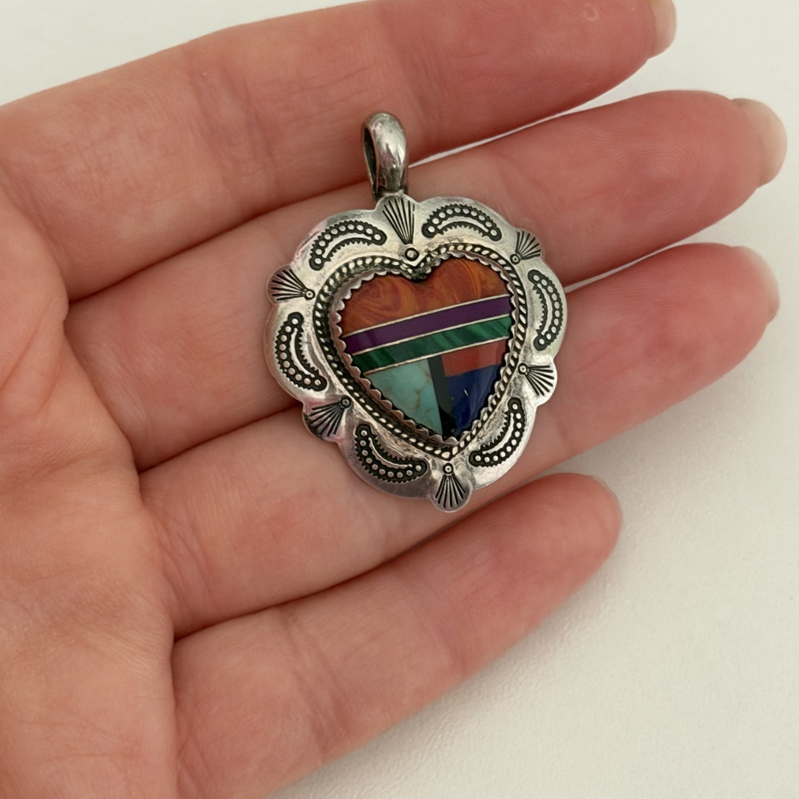 Vintage QT Sterling Native American Multi Gemstone Inlay Heart Southwest Pendant