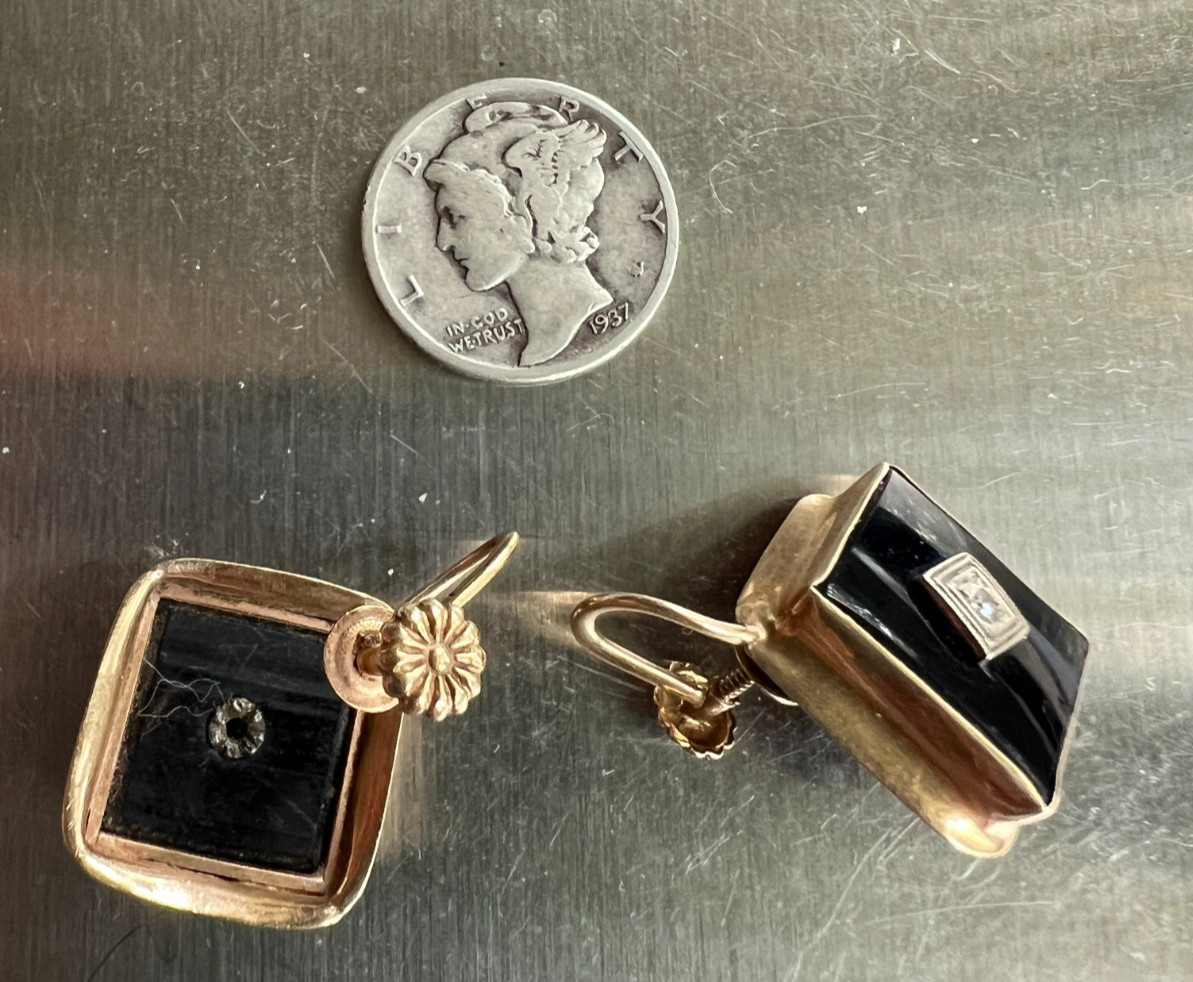 Vintage 14K Gold Diamond Black Onyx Earrings Screw Back