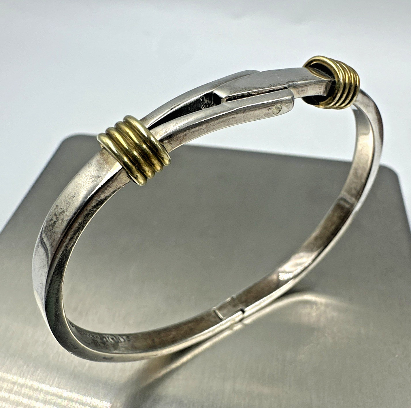 Vtg Taxco Sterling Silver Brass Accent Abstract Modernist Bangle Bracelet 24.3g