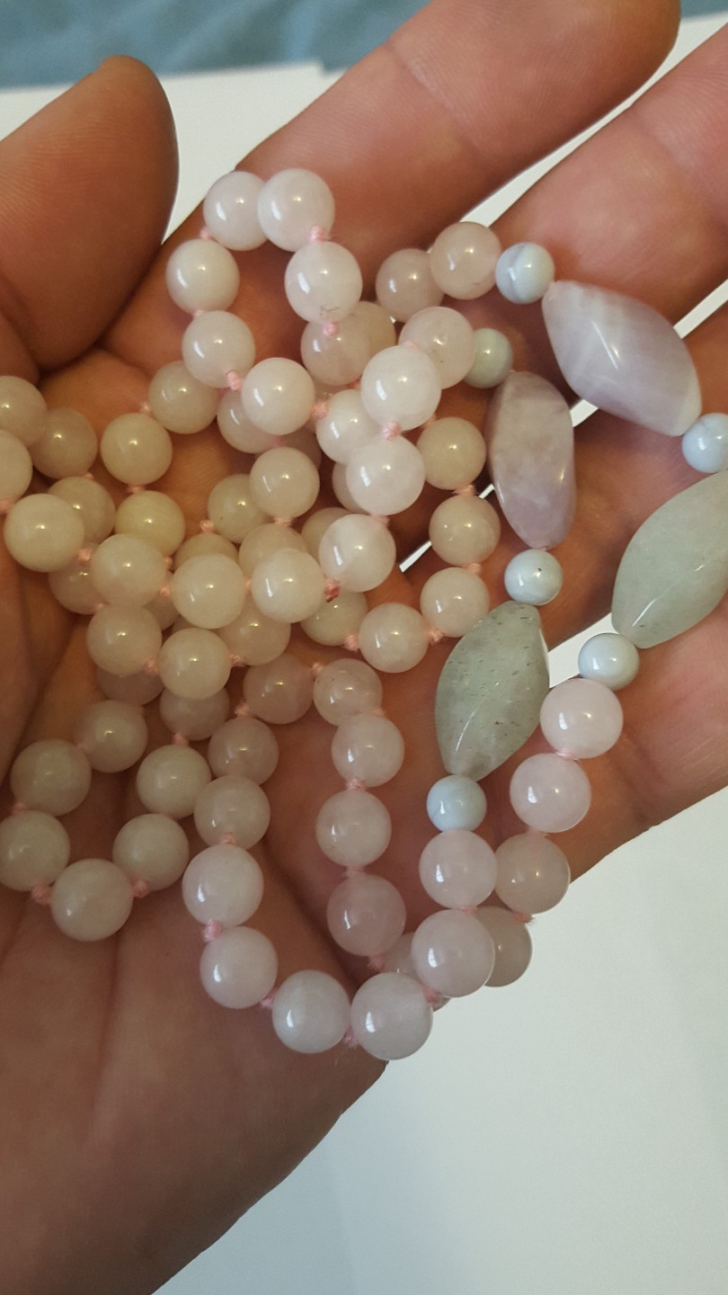 Asian pink Jade knotted beaded necklace, Long 64 grams, tested. Pretty!
