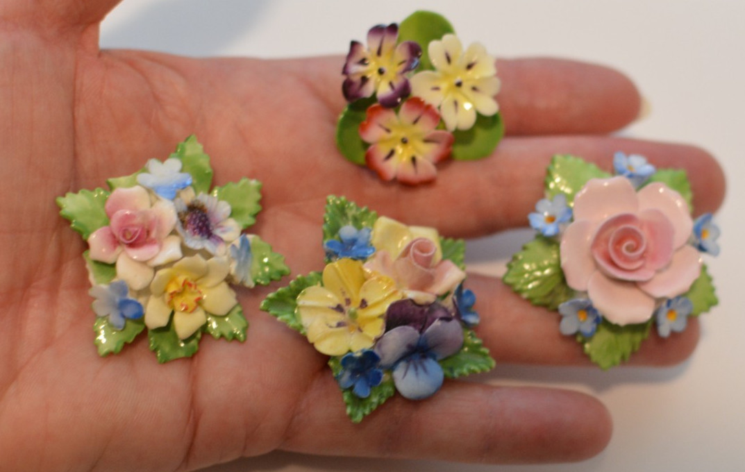 Vintage lot Denton and Staffordshire England Bone China brooches/earrings, as is