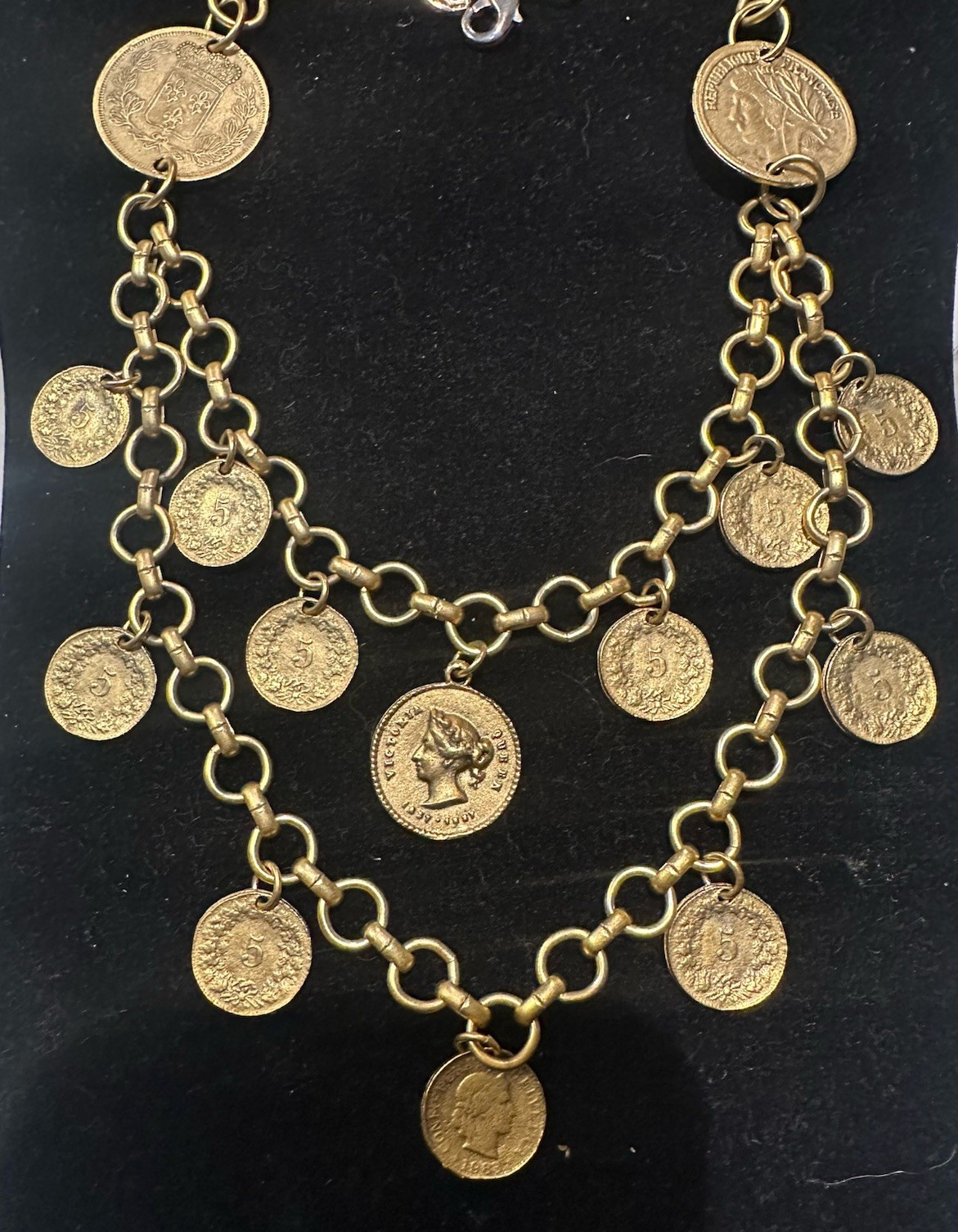 Vintage Coin Necklace Yochi New York 24 Kt Gold Plated Double Strand Link Signed