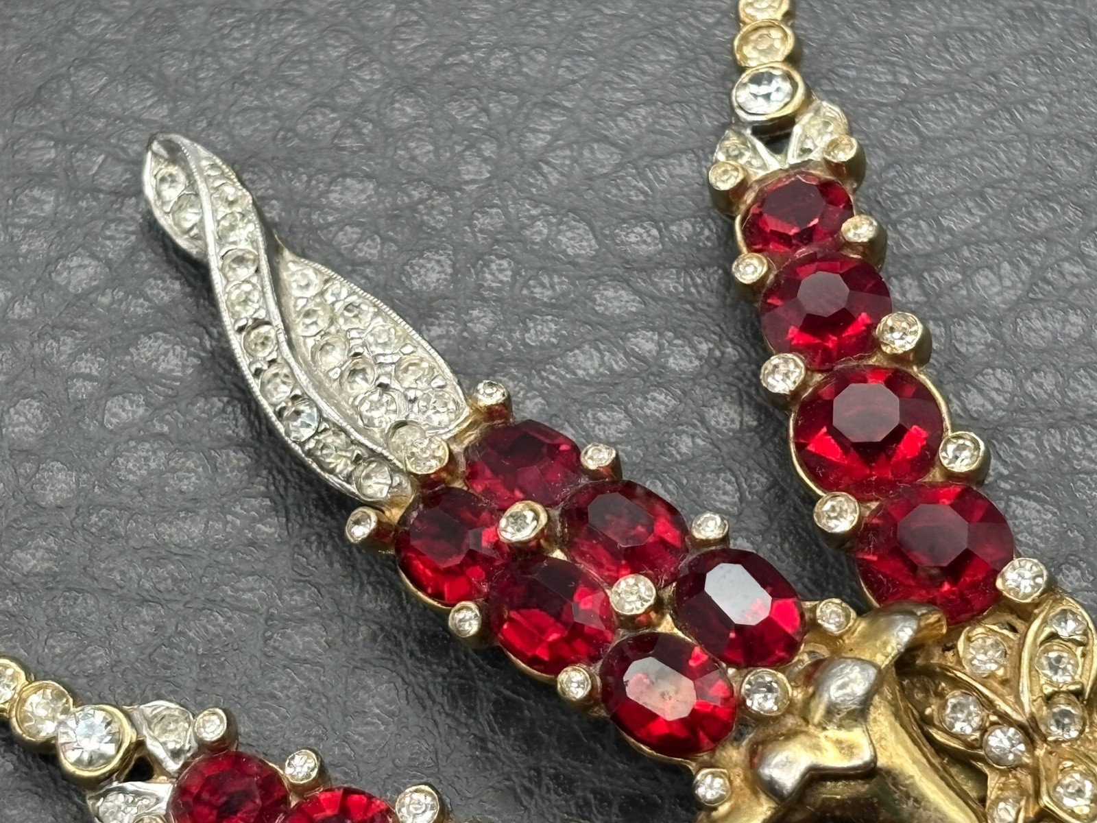 HUGE 4.5” Figural Red Rhinestone Gold Plated Pot Metal Flower Bouquet Brooch