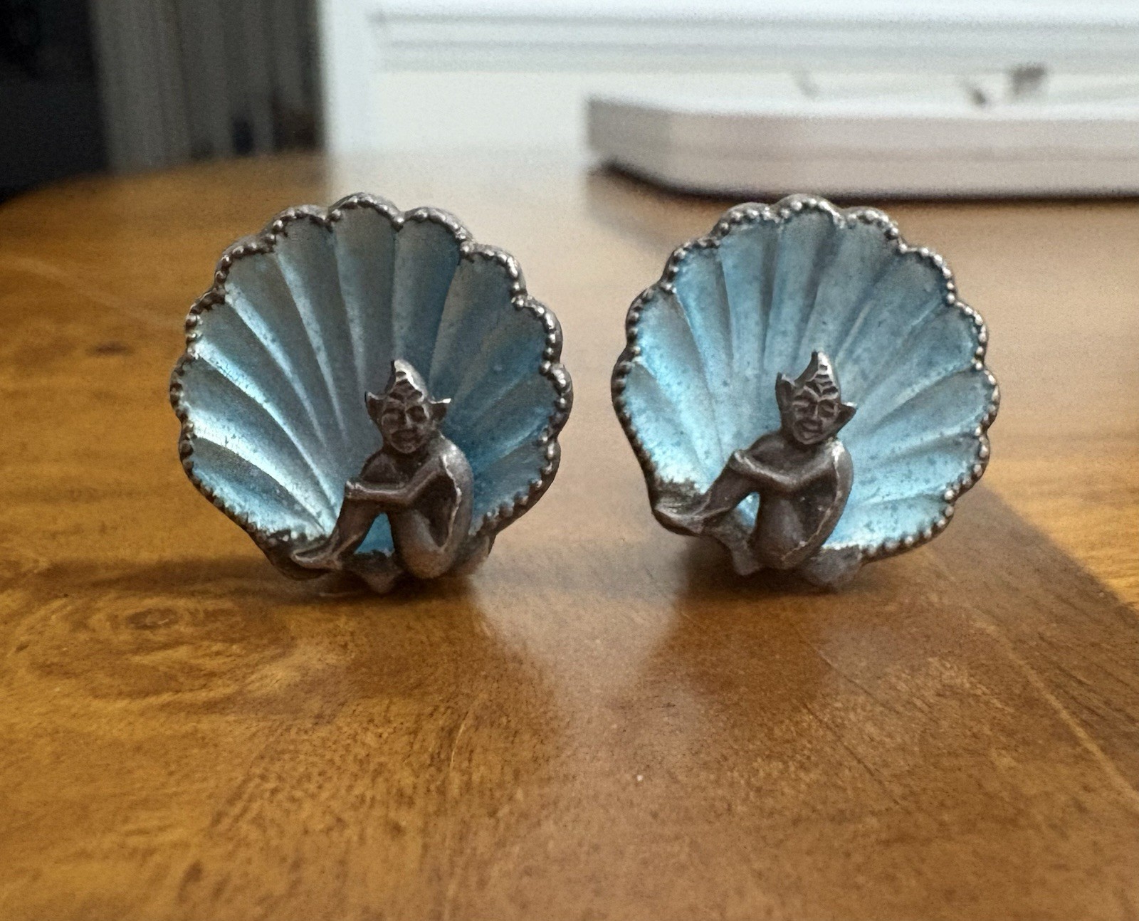 VTG 1930s Sterling Bernard Instone Art Deco Figural Cornish Pixie Shell Earrings