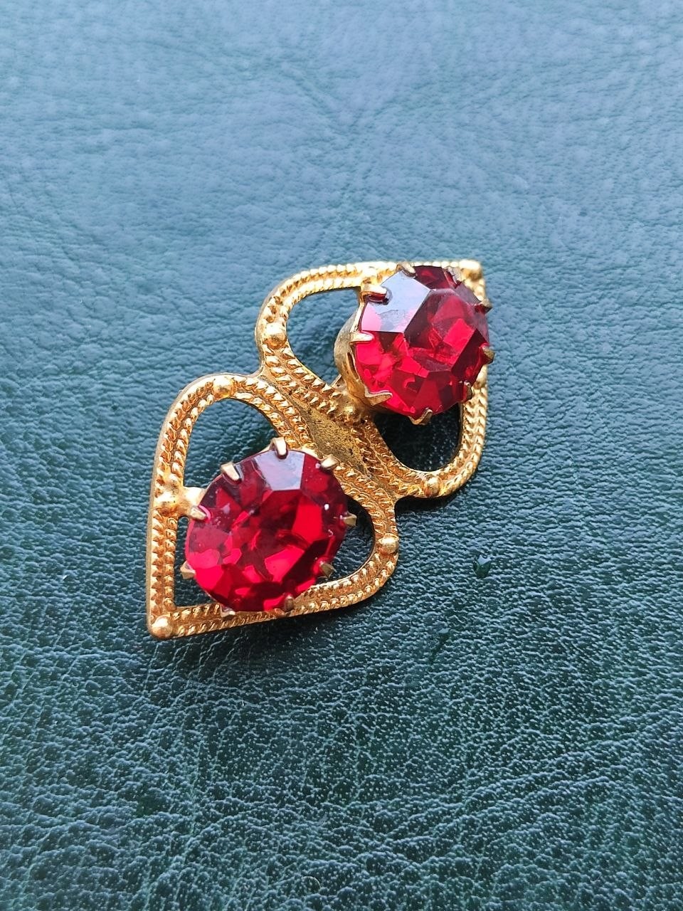 Vintage USSR Soviet Brooch Red Glass Stones Gold Plated Brass Pin 1970s 6g