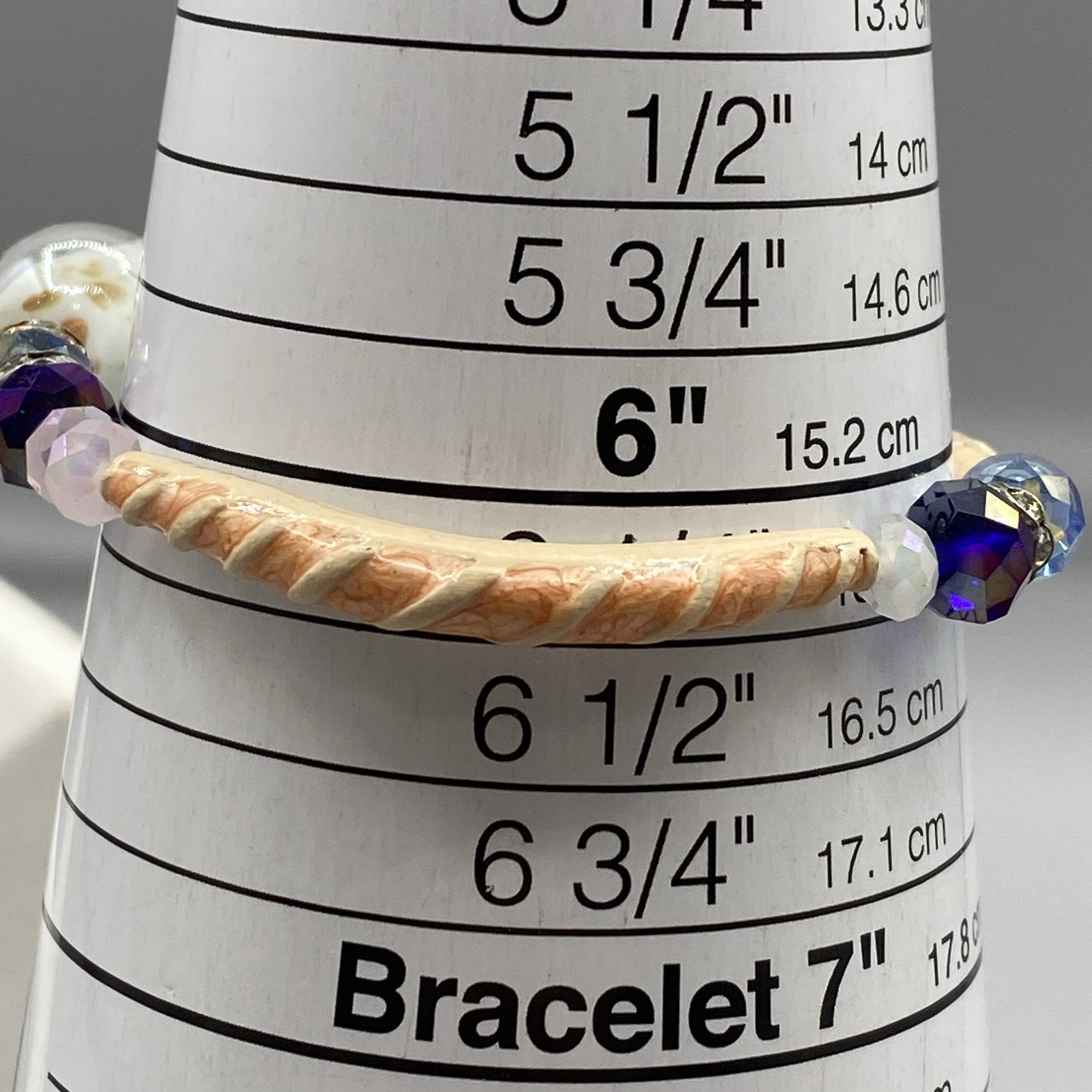 Glass Beaded Bracelet Blue Faceted Fire Polished Cream Tube White Givre Fused 6″