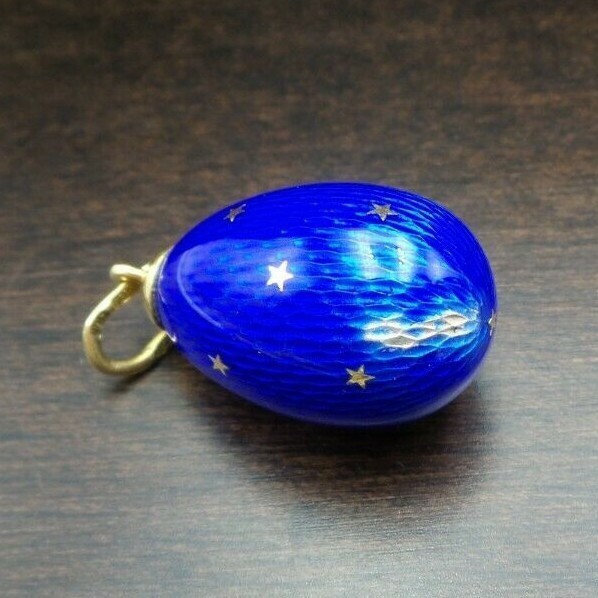Soviet Era Russian 960 Silver & 18K Gold Blue Guilloche Enamel Egg Pendant