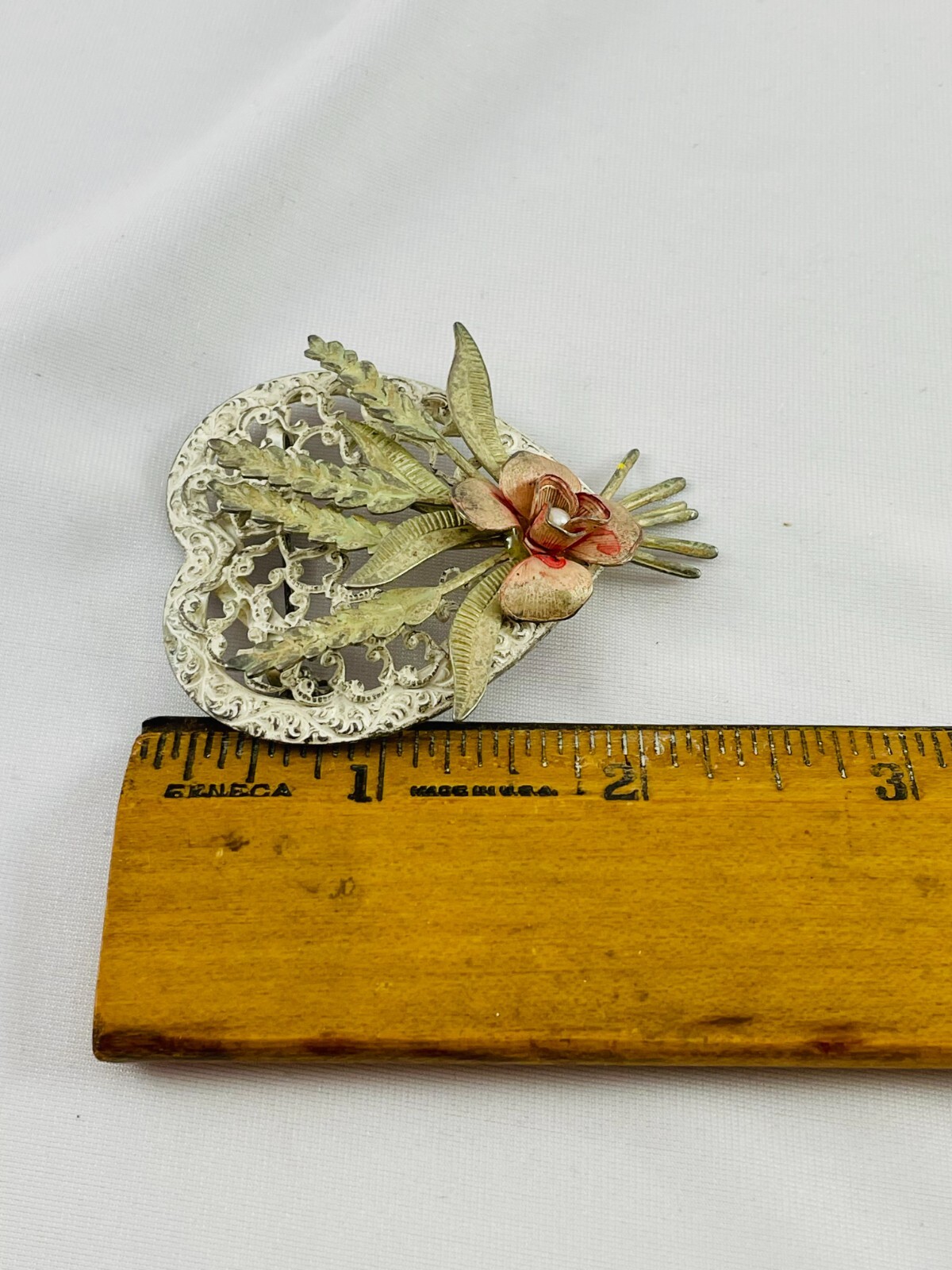 Vintage White Wash Enamel Heart Floral Spray Wheat Brooch Pin Stamped Layered