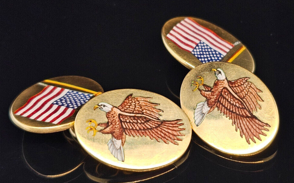 18K Gold Deakin & Francis AMERICAN FLAG and EAGLE Cufflinks Made in England