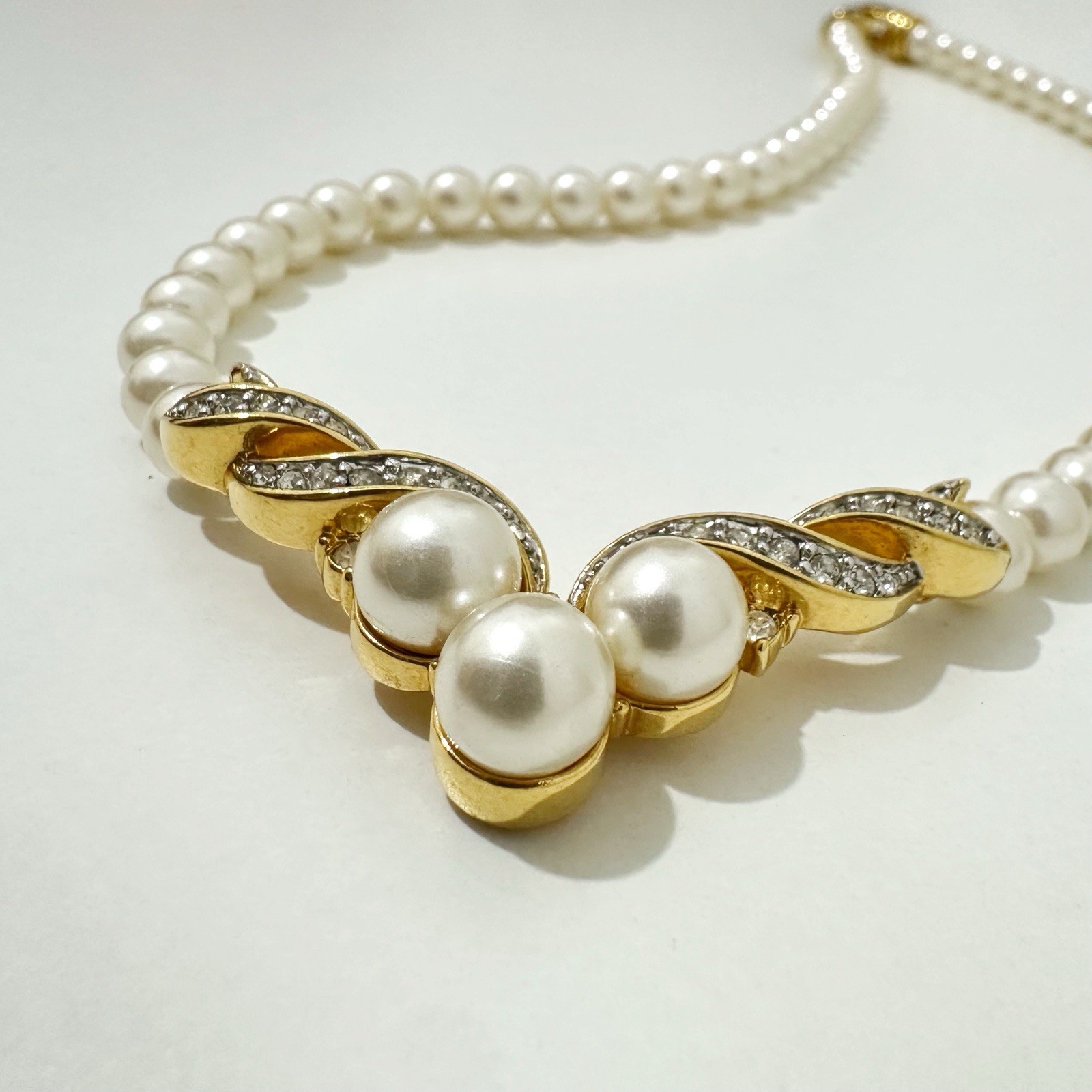 Vintage Faux Pearl Rhinestone Necklace Gold Tone Formal Bridal Wedding 45cm