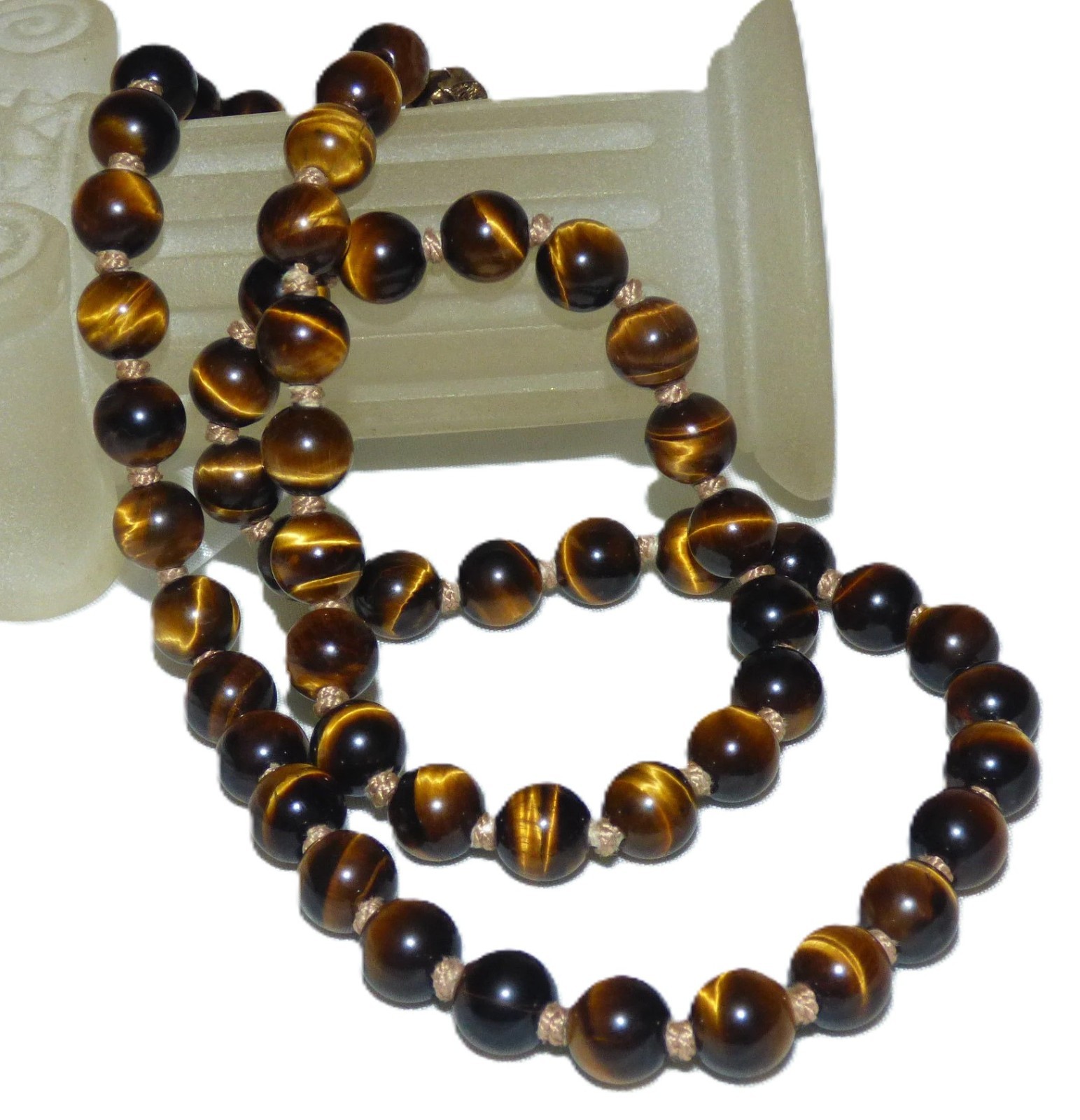 1960s Tiger’s Eye Gemstone Hand knotted GOLD VERMEIL on SILVER clasp Necklace