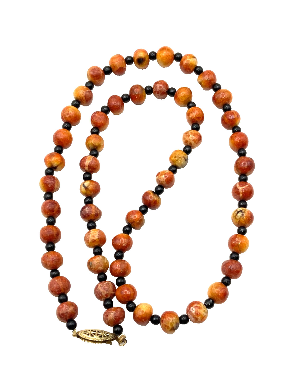 Vintage Apple Sponge Coral Red/Orange Beaded Necklace Black Agate? Gold Tone 24″