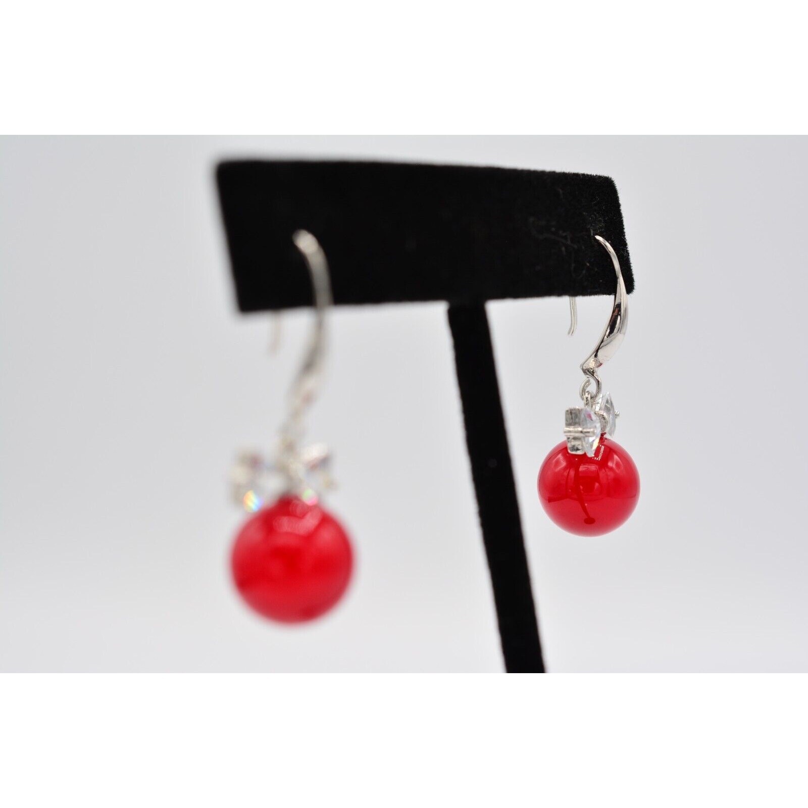 Vintage Dangle Earrings Crystal Bezel Bow Red Ball Drop Round 1990s BinAO