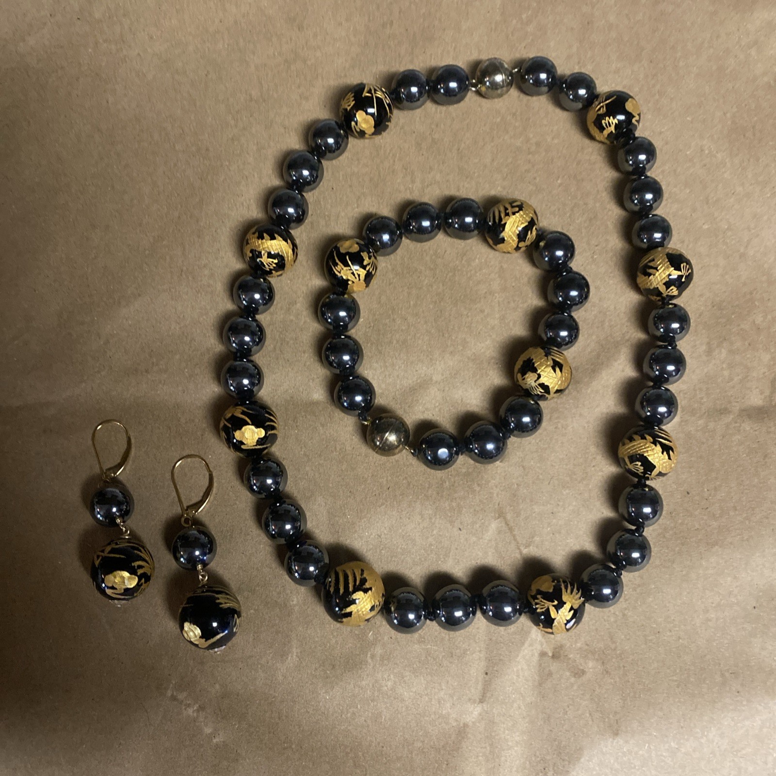 Black Onyx Chinese Embossed Dragon Necklace & Bracelet 925 Earrings Hematite