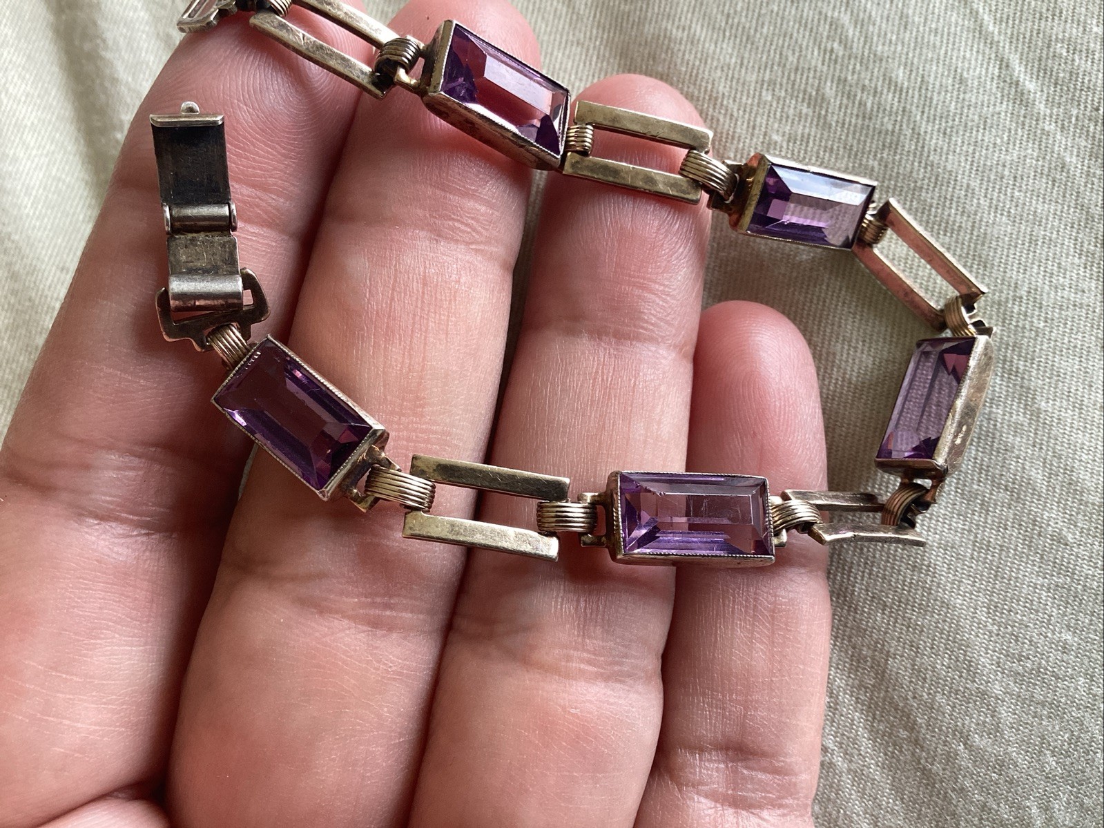 Vintage Sterling Silver 14 K Gold Purple Glass Line Bracelet 7.25”