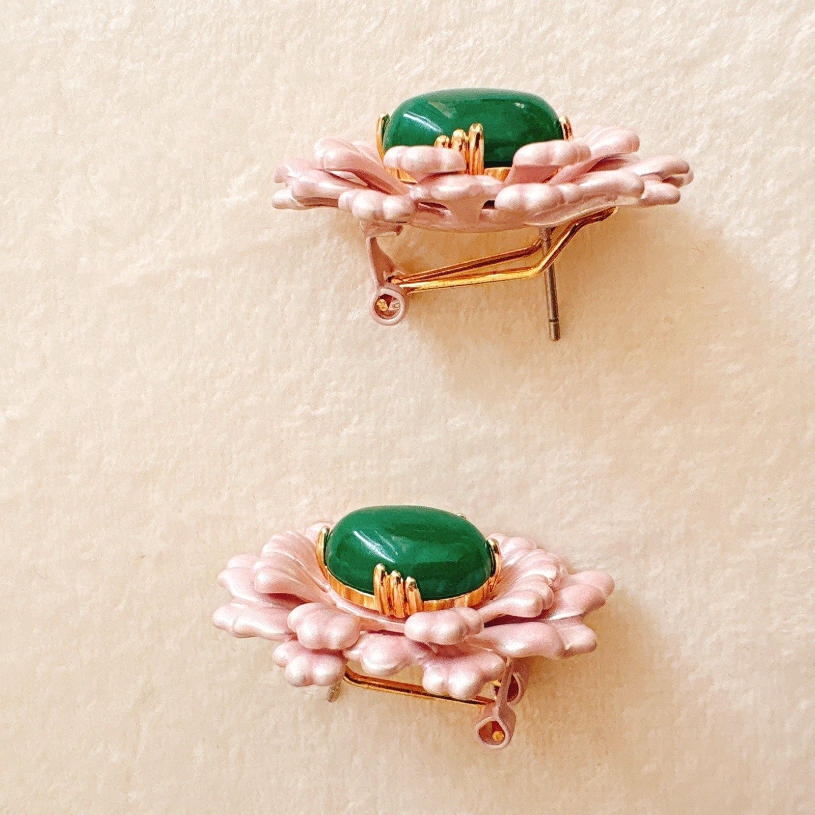 Pink Enamel Floral Earrings with Green Jade-Style Center-Vintage Style