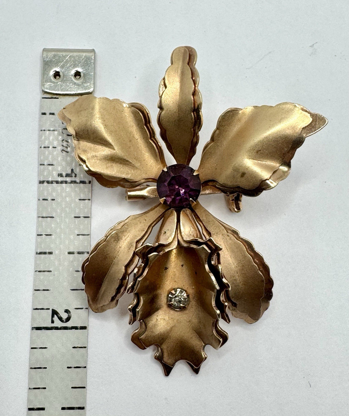 Vintage BUGBEE NILES Iris Orchid Purple Rhinestone Copper Gold Tone Brooch Pin