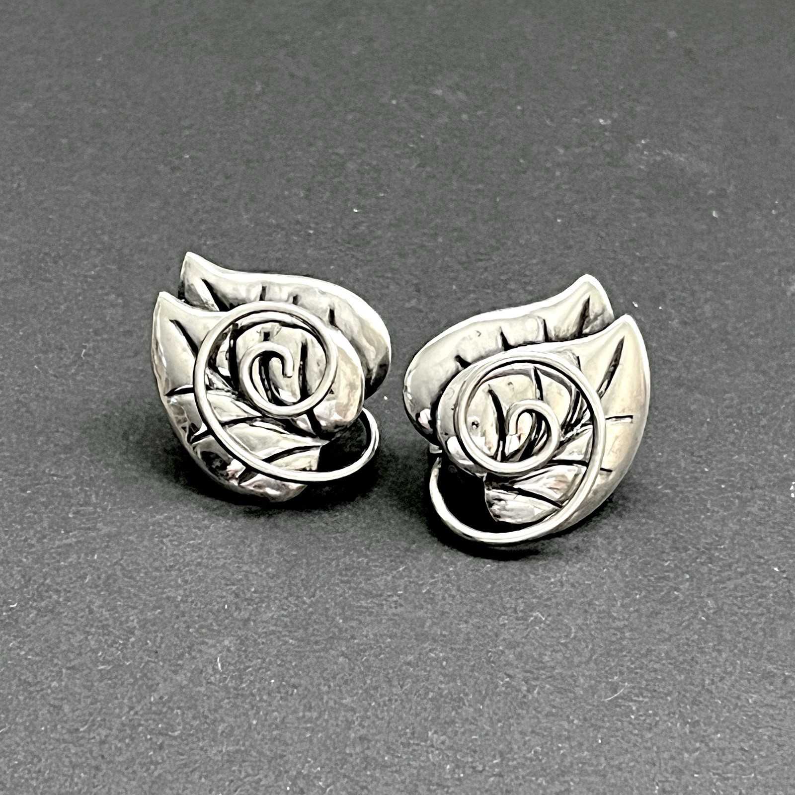 Vintage Los Castillo Taxco Sterling Silver Leaf Swirl Screw Back Earrings
