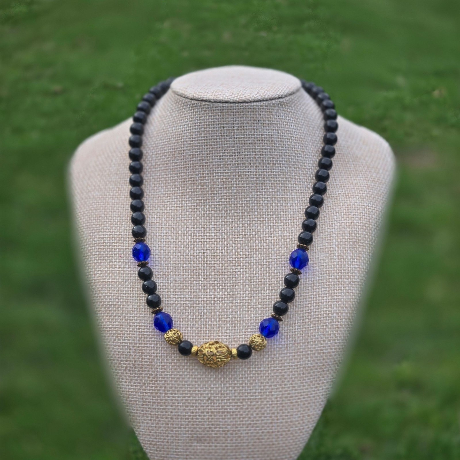 Vintage 1928 Necklace Black Blue Glass Beads Gold Tone Filigree Victorian style