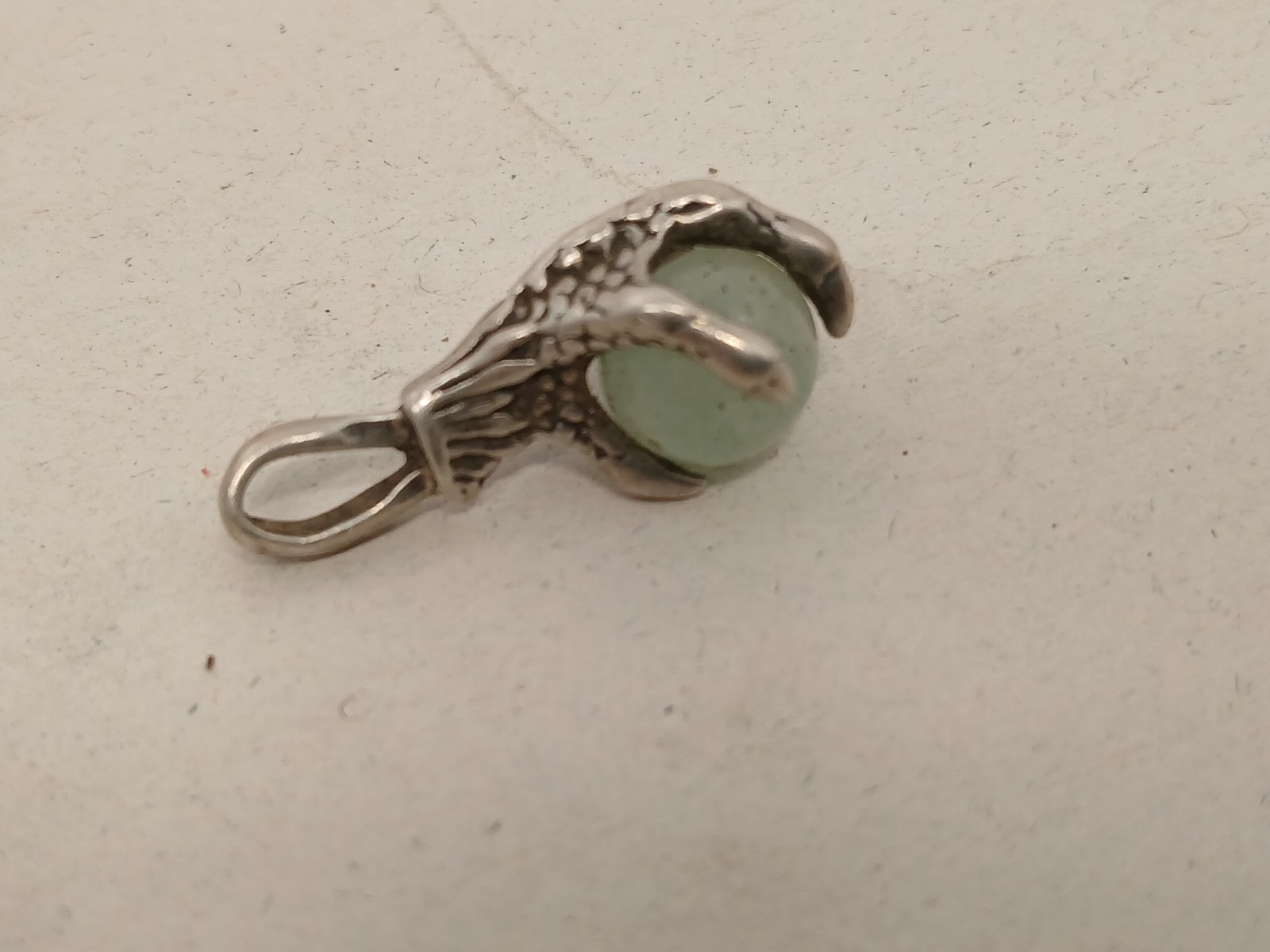 Vintage Silver Tone Claw Pendant Green Stone Metal Detecting Find Sterling?