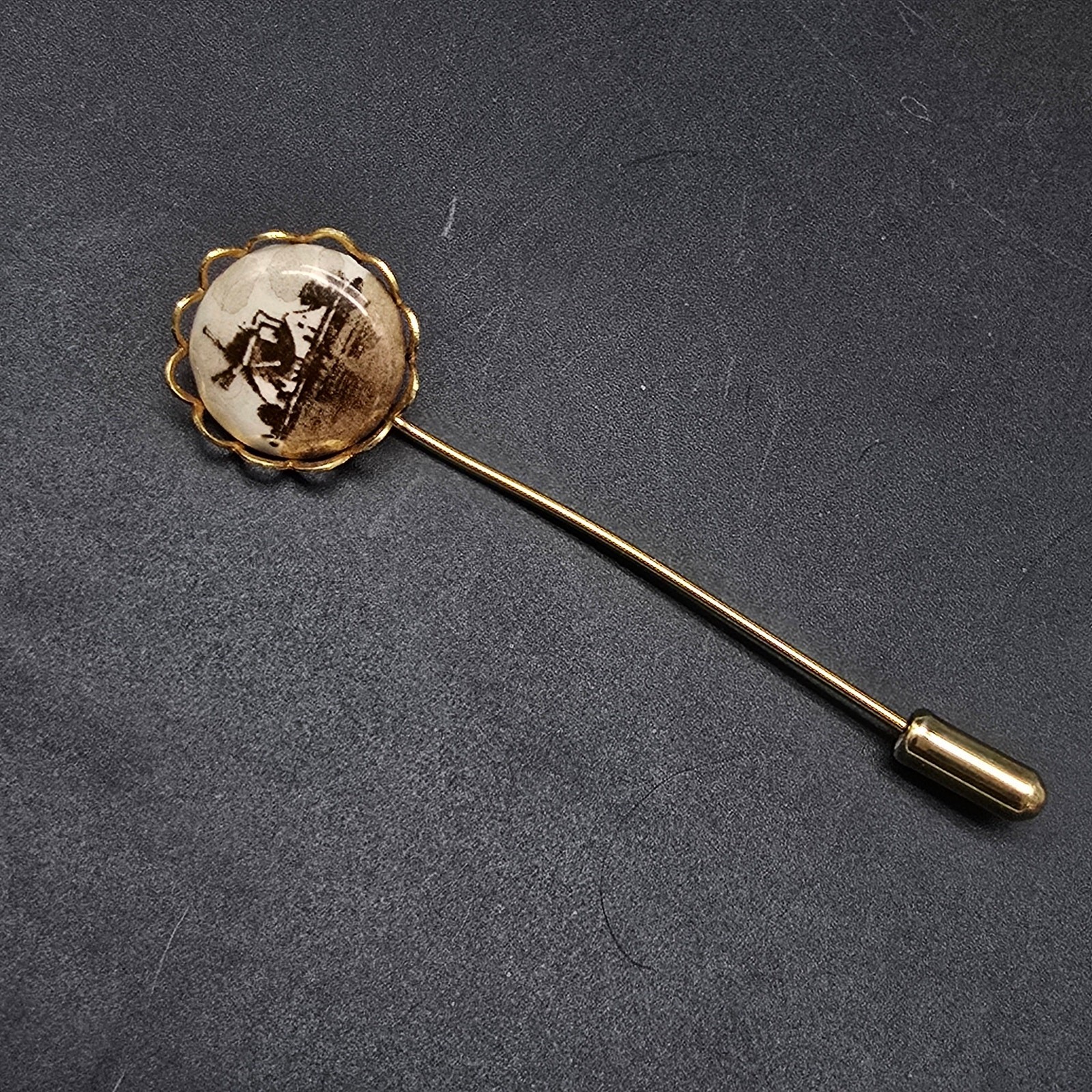Holland Delft Stick Pin Hand Painted Brown Wind Mill Scene