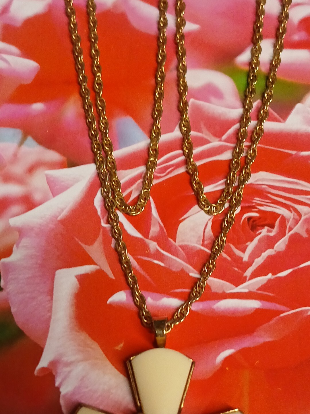 Vintage 1980’s Avon Faux Ivory and Gold Tone Cross Pendant Necklace