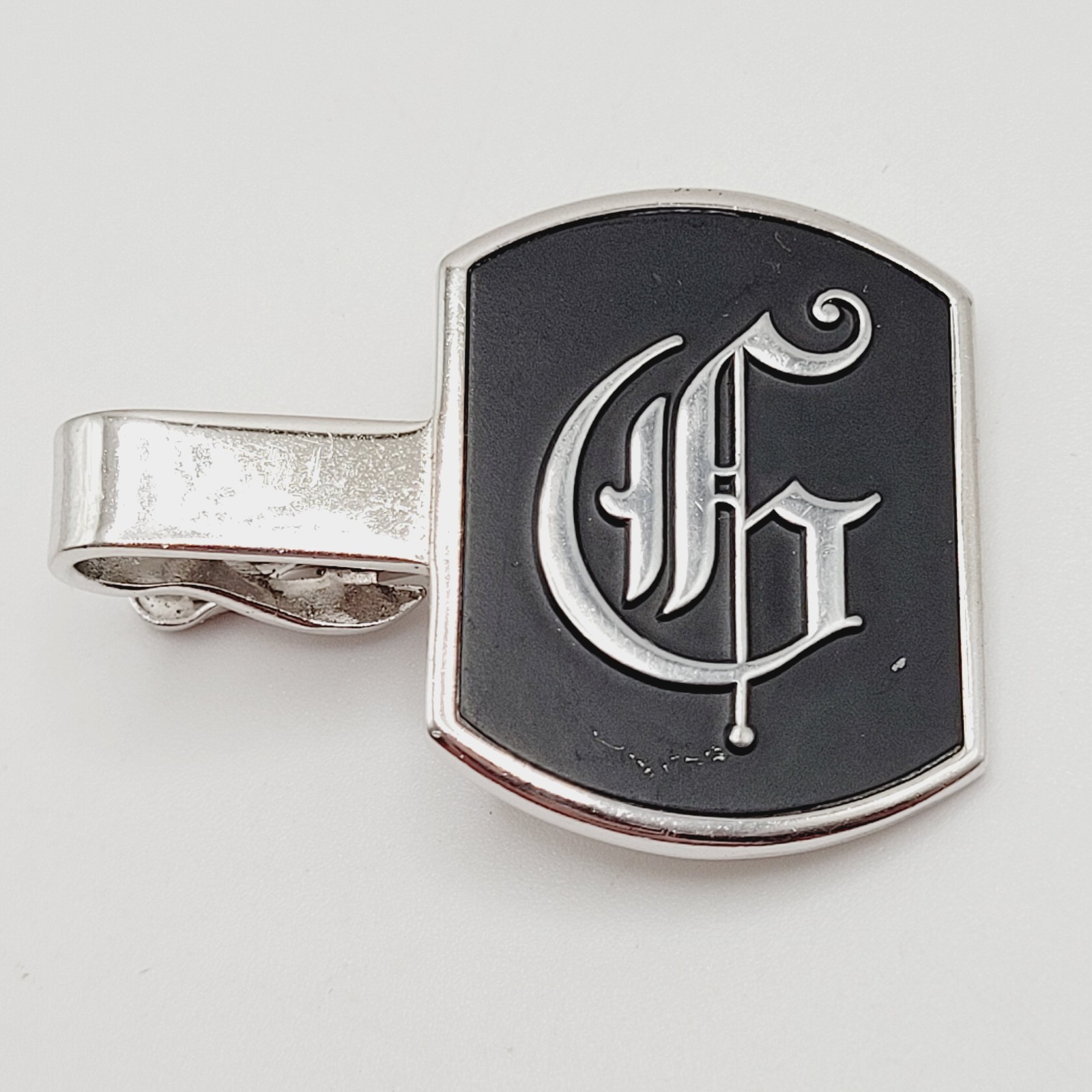 G Letter Old English Script Silver Tone Black Enamel SWANK Tie Clip Clasp