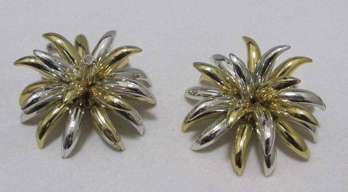 Huge 2-3/8” Diameter 1-1/5” Tall 2-Tone Gold Silver Tone Fireworks Clip Earrings