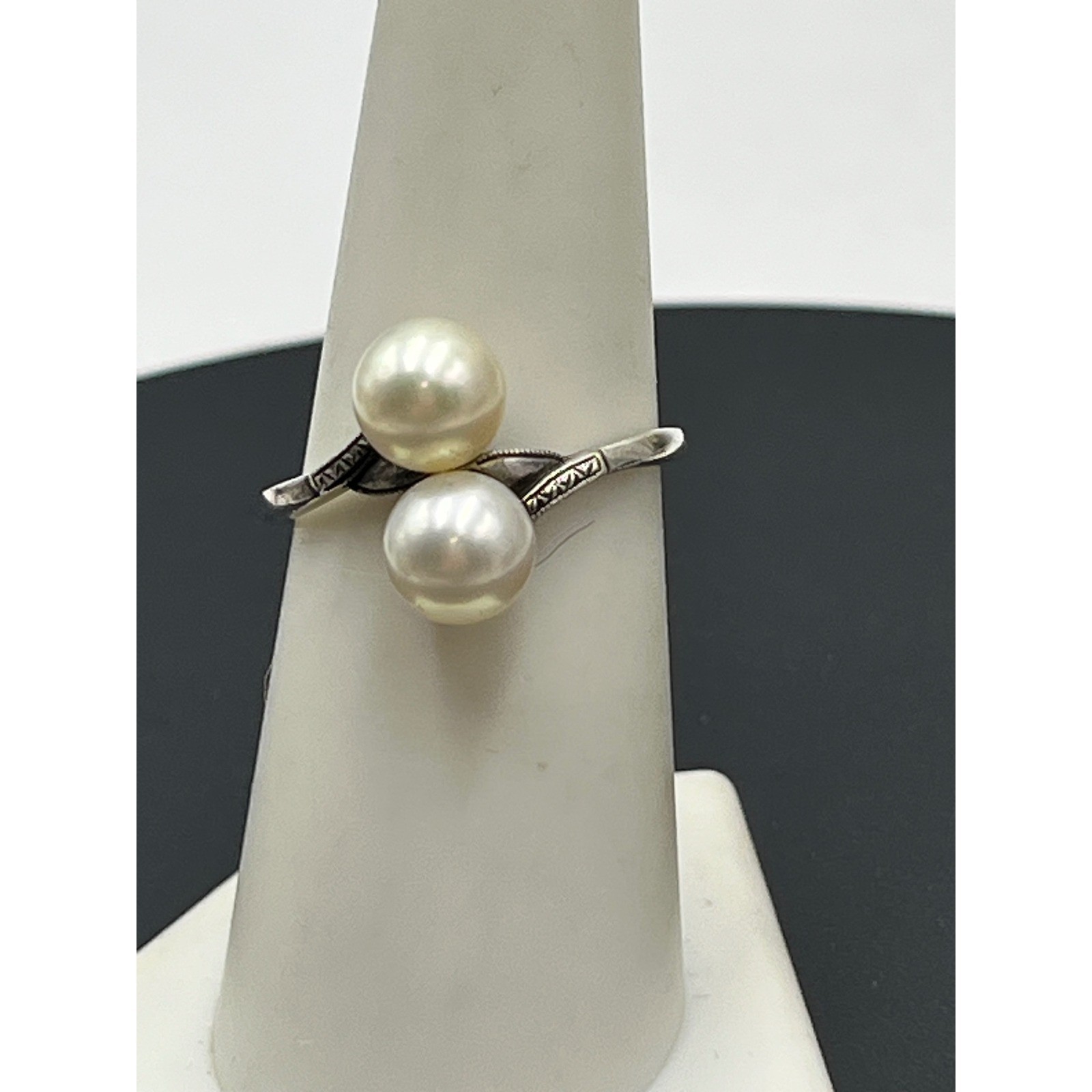 Mikimoto Vintage estate Akoya Pearl Sterling Silver 925 Toi et Moi Bypass Ring