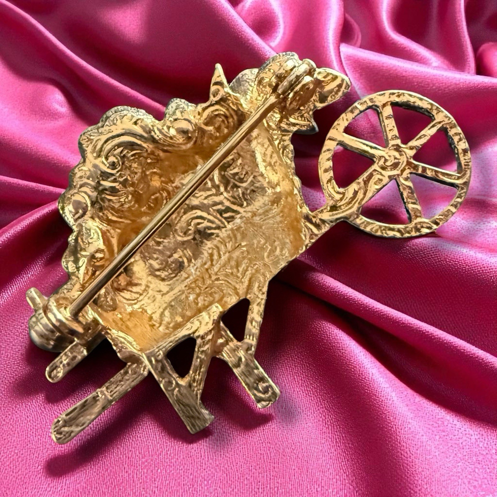 1928 Jewelry Floral Wheelbarrow Brooch Gold Tone Pink Rhinestone Vintage