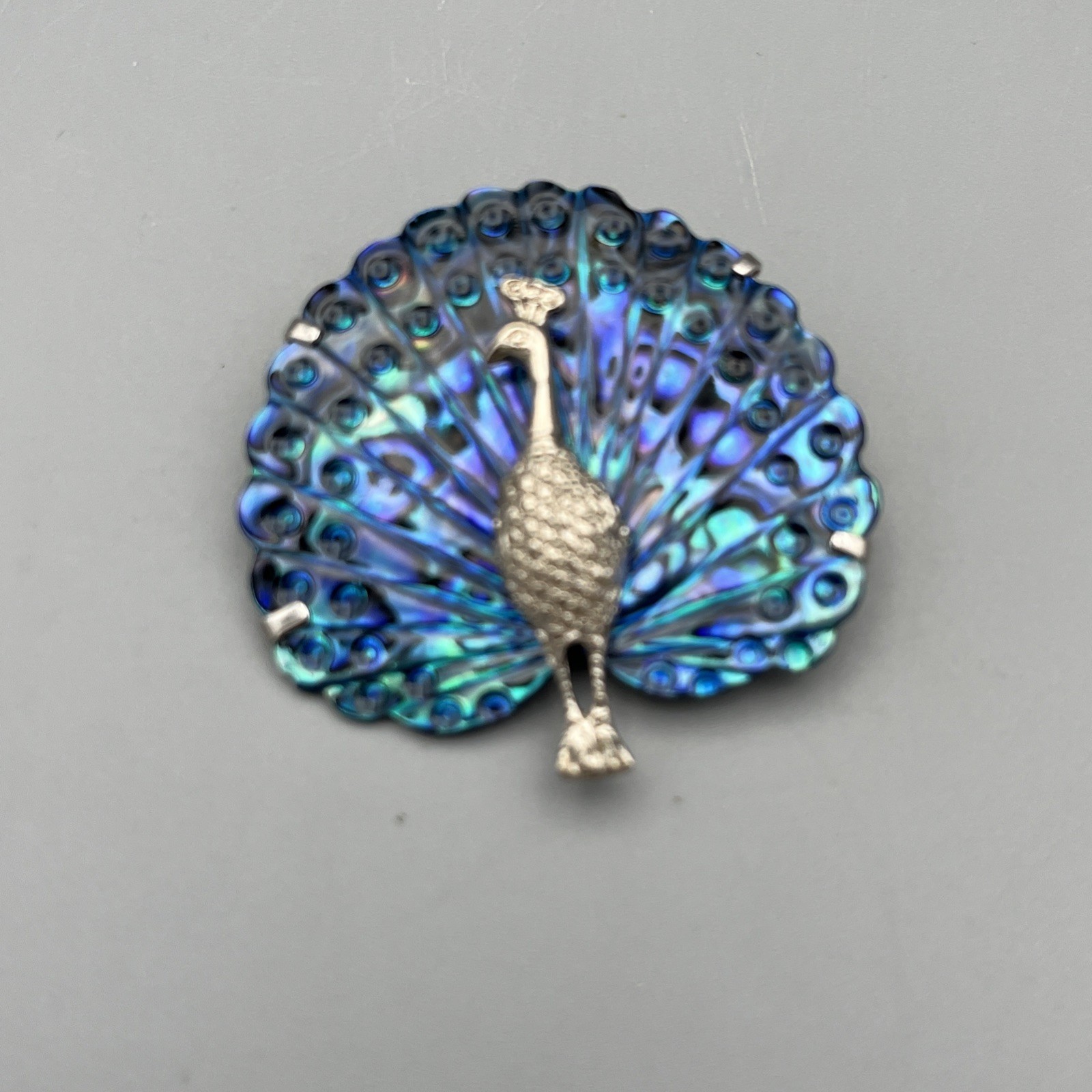 Vintage Peacock Brooch Pin Paua Abalone Shell, Silver Tone 1.75″ NEW ZEALAND
