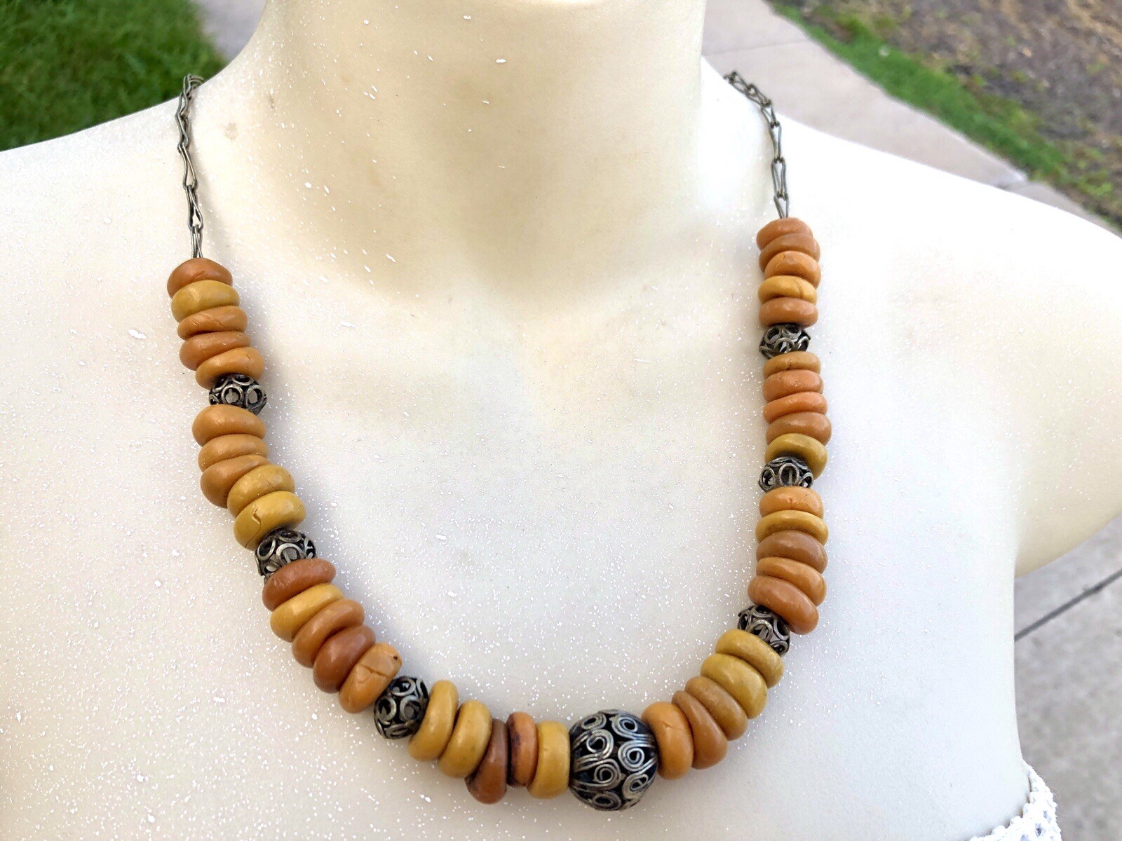Antique Ethnic Butterscotch Egg Yolk Flat Nugget Scroll Bead Necklace Morocco