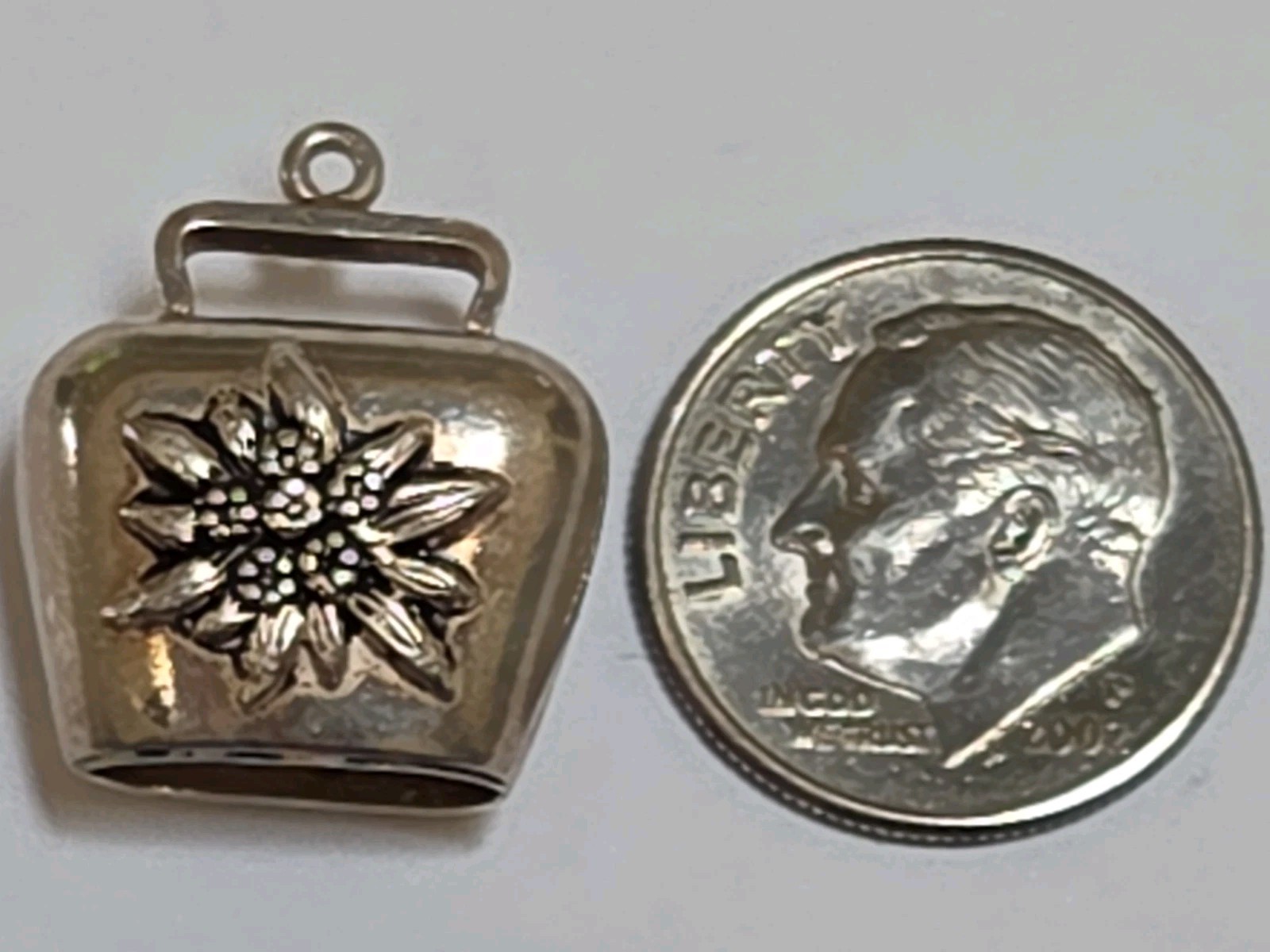 Sterling Silver ~ Edelweiss Cow Bell Charm ~ RINGS! ~ Swiss Pendant ~ VINTAGE