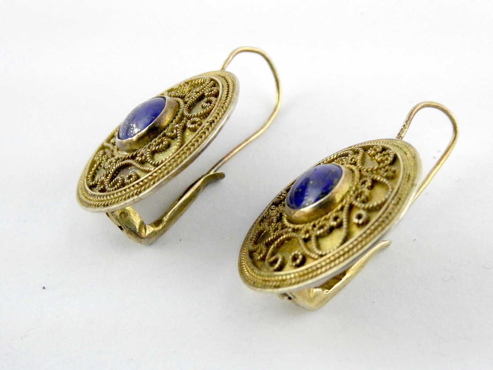 Vintage Gilt Sterling Silver Scroll Motif Lapis Lazuli Hook Earrings 7.3g 1.25In