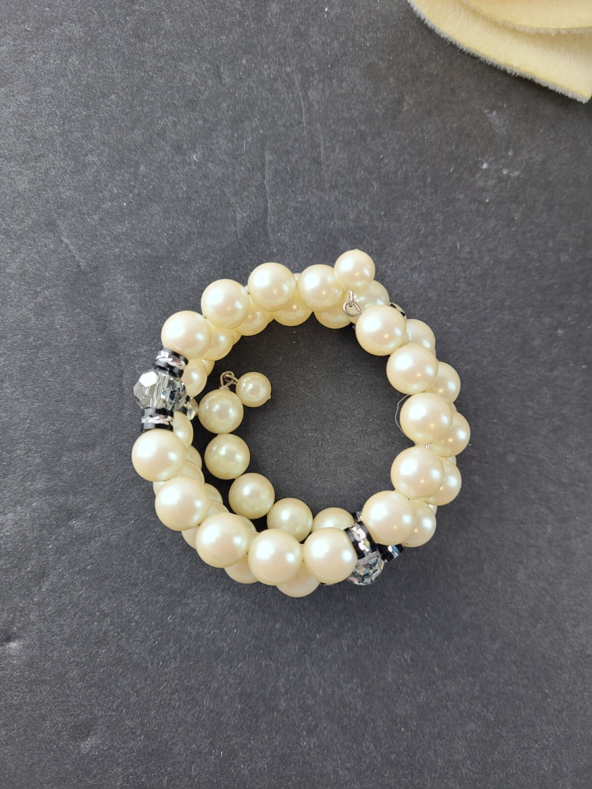 Vintage Faux Pearl Wrap Bracelet Multi Strand Black Silver Tone Beads