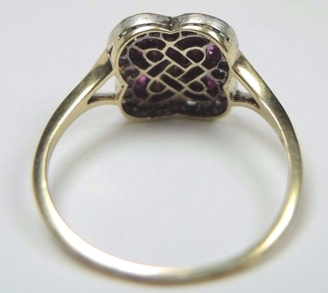 Victorian Art Deco Diamond Ruby 18K Yellow Gold Ring Size 9 UK-R1/2 Fine