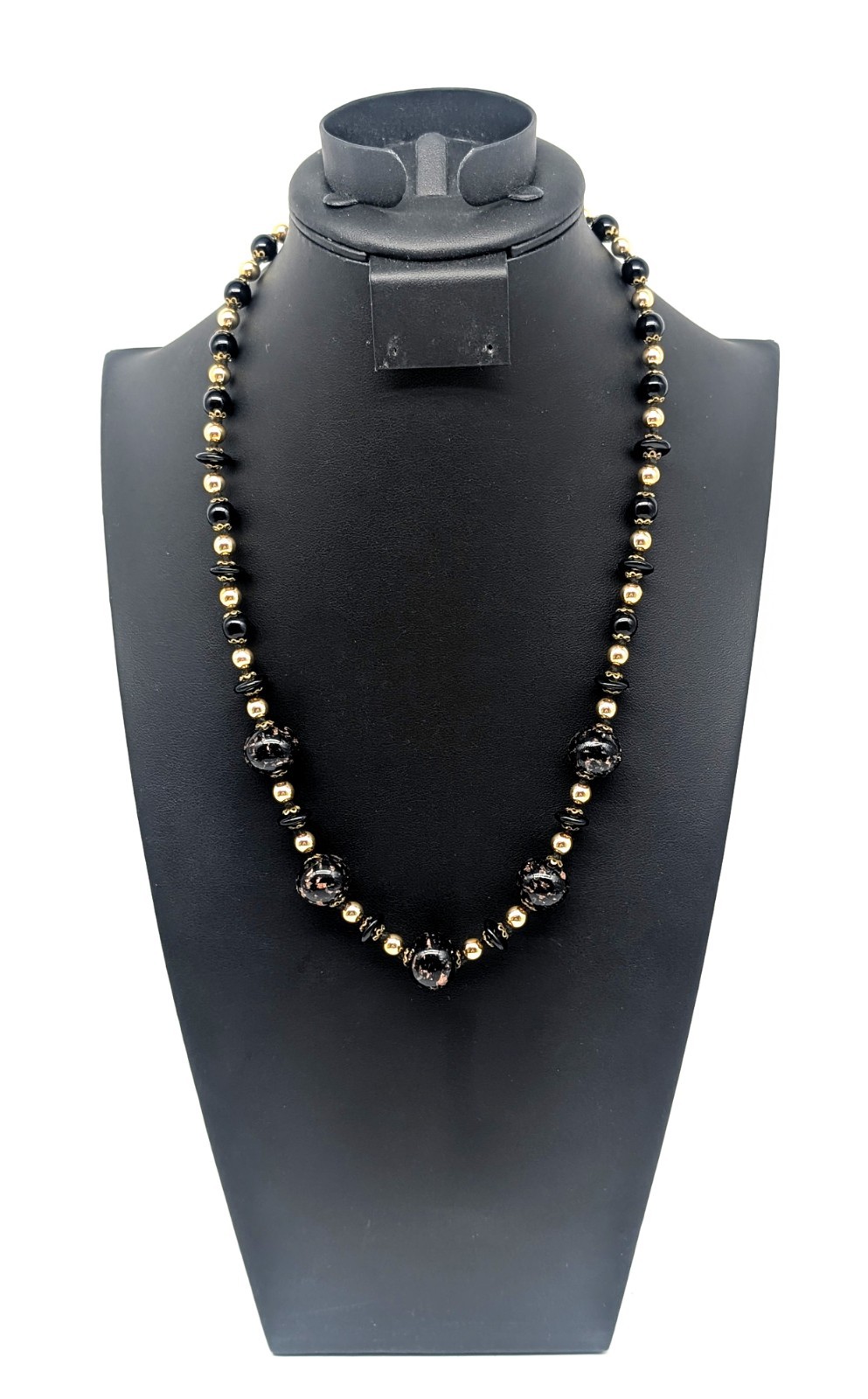 Vintage Hand Knotted Gold Tone Black & Copper Aventurine Art Glass Bead Necklace