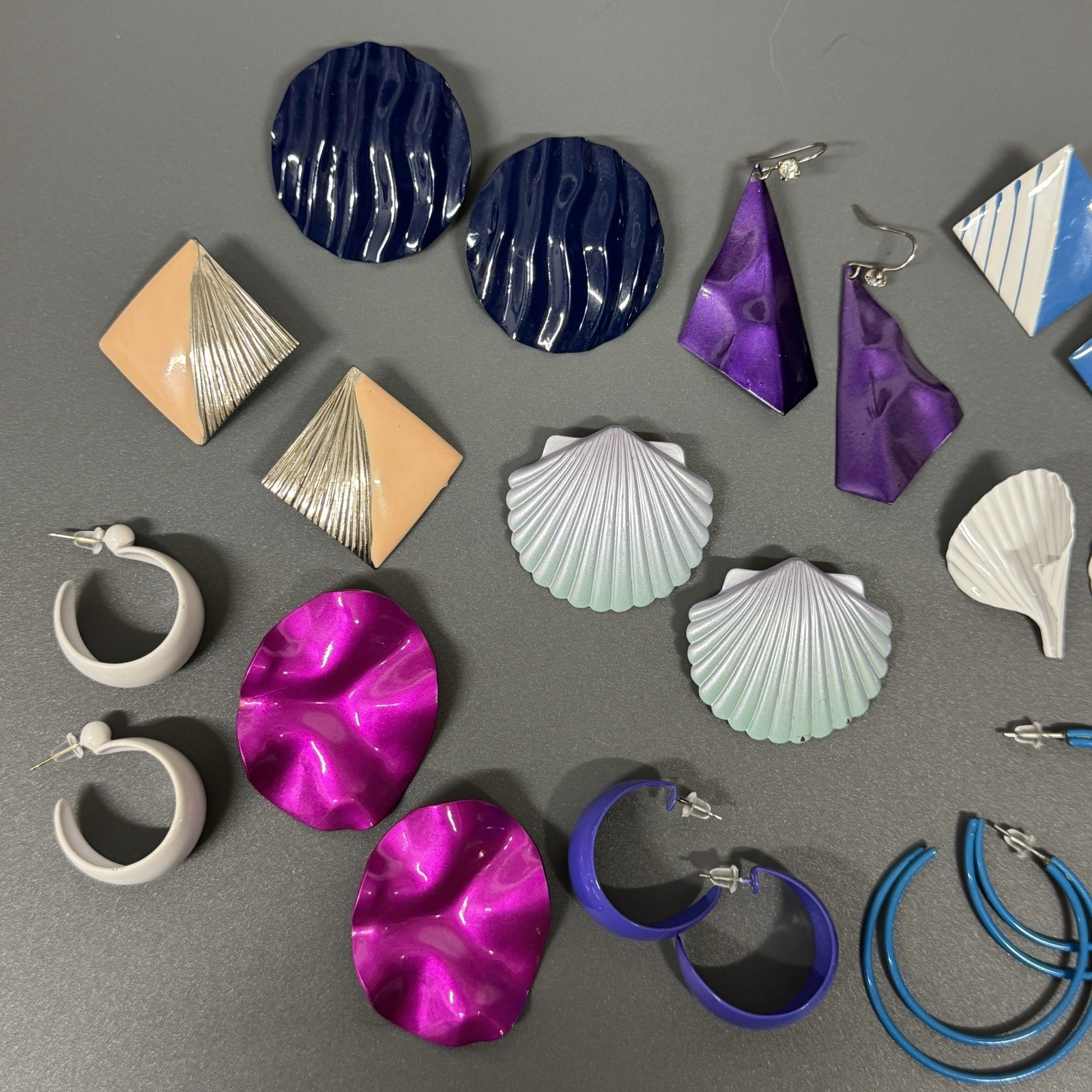 Vintage Metal Enameled Post Earrings Lot Of 10 White Purple Pink Blue Hoops