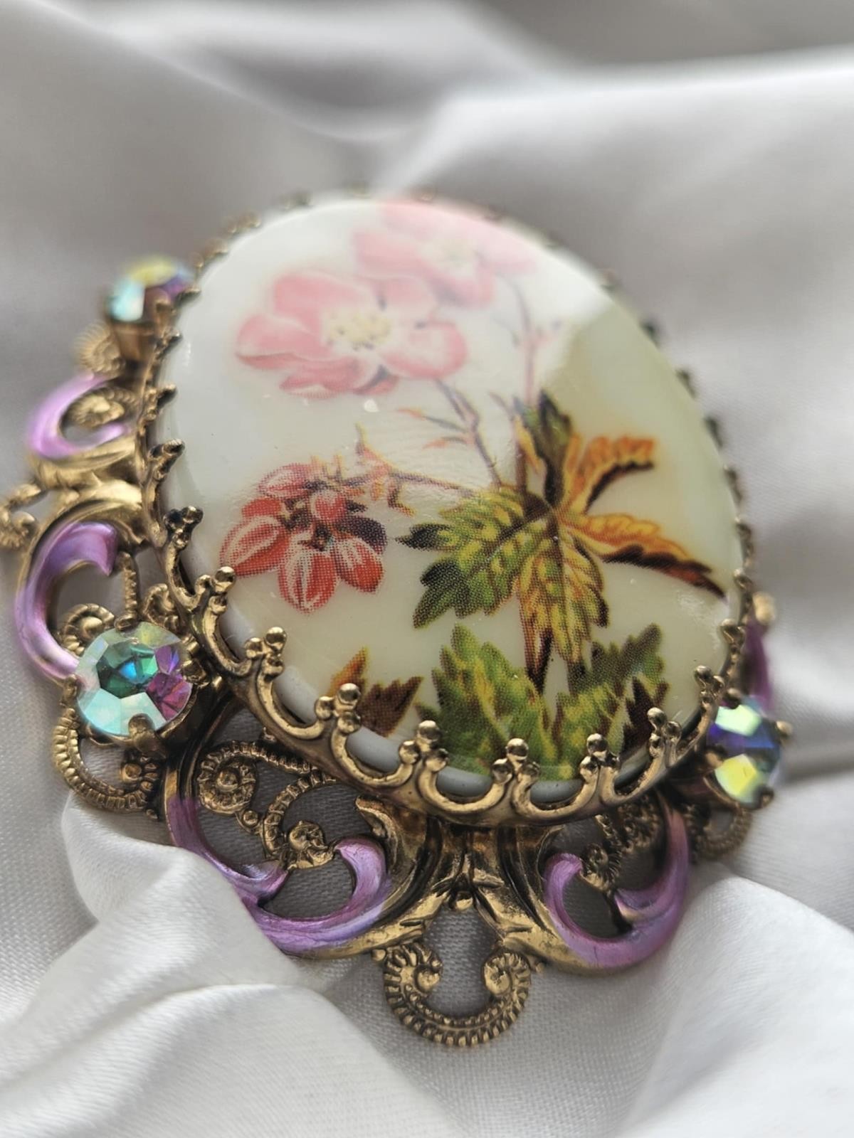 Made Germany intage 40’s Rhinestone Orange Poppy Flower Porcelain Brooch 23f6